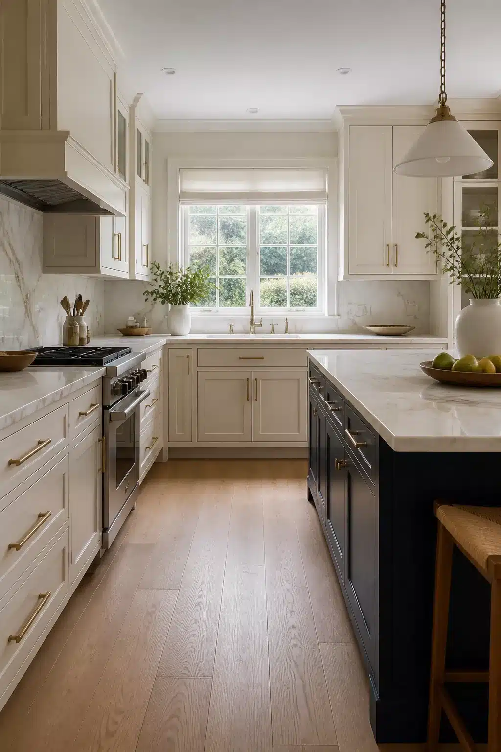 Cream kitchen cabinets with marble countertops and a contrasting dark navy island with brass hardware