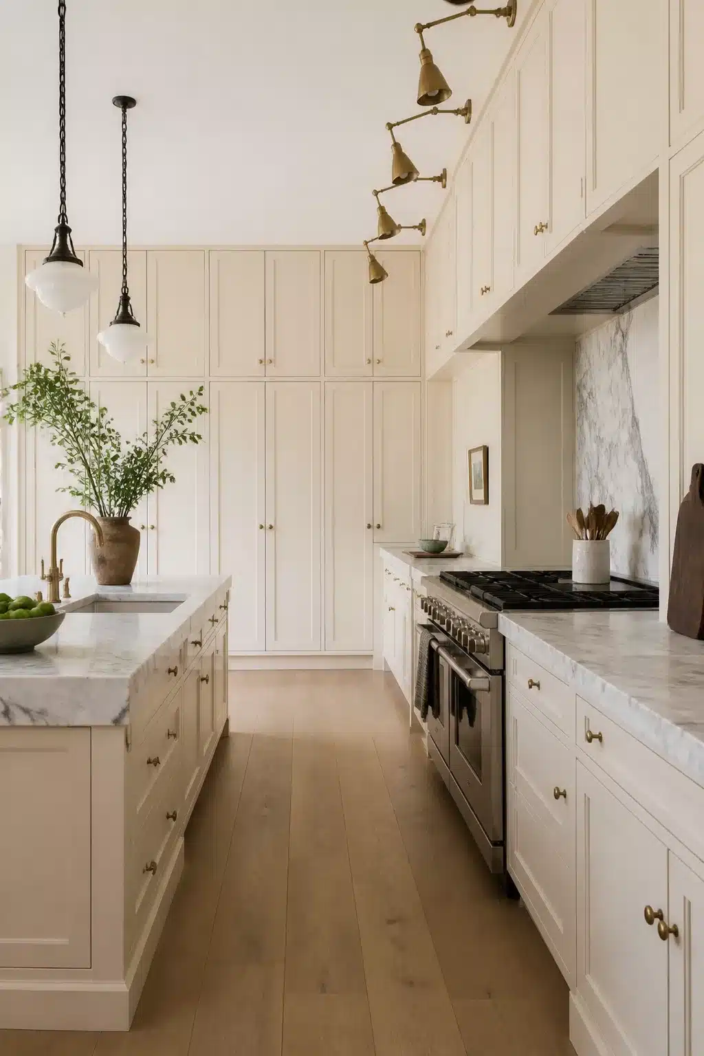 Floor-to-ceiling cream kitchen cabinets with marble countertops, brass hardware, and a stainless range