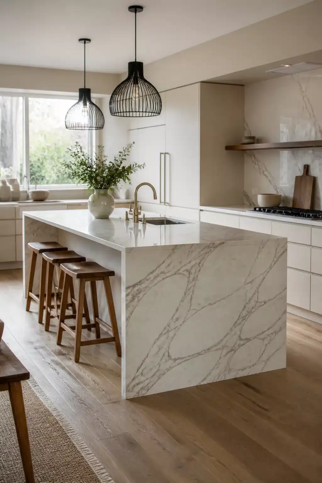 Cream kitchen cabinets with marble countertops featuring a white marble waterfall island and brass faucet