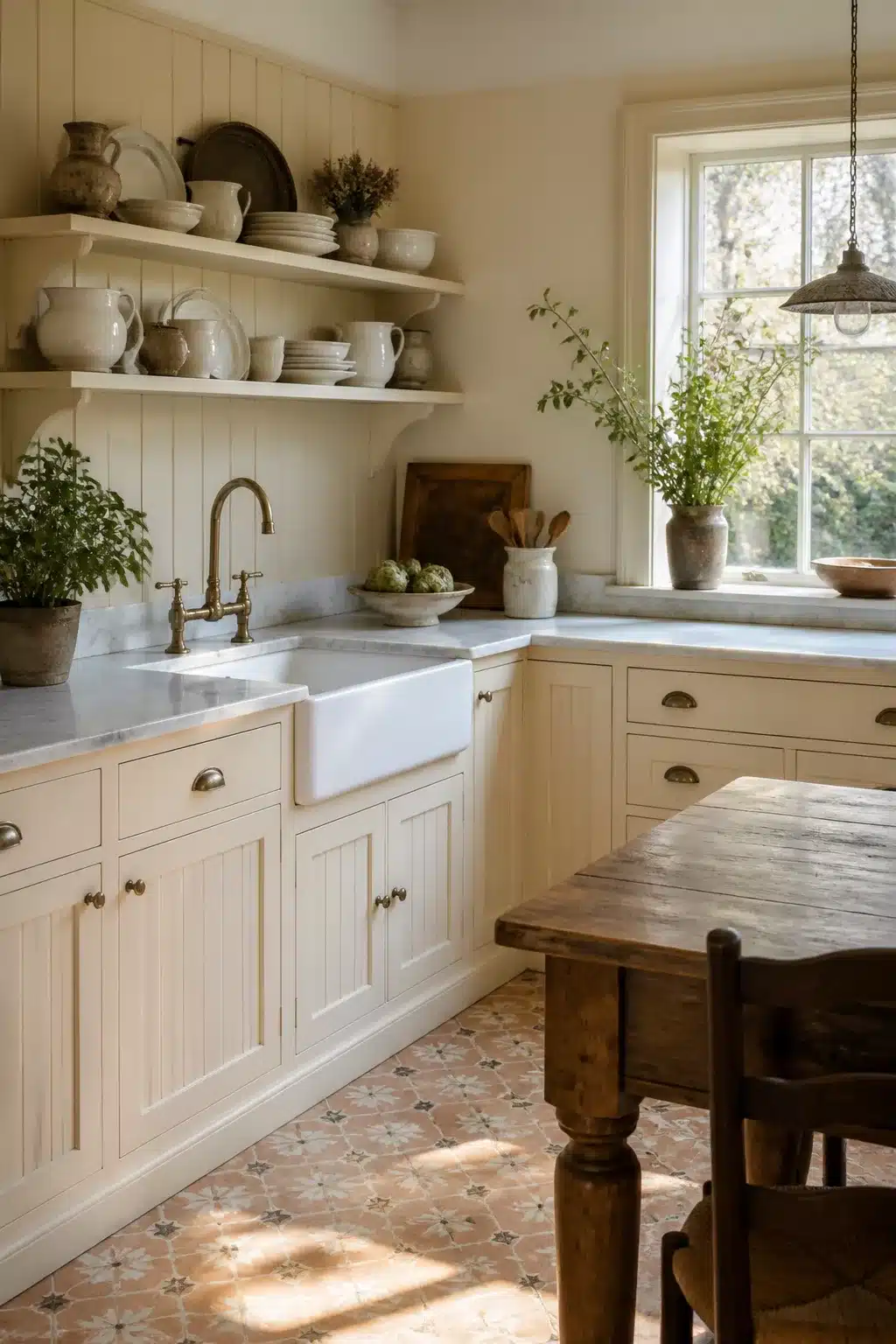 Cream kitchen cabinets with marble countertops, beadboard doors, brass faucet, and patterned encaustic floor tiles