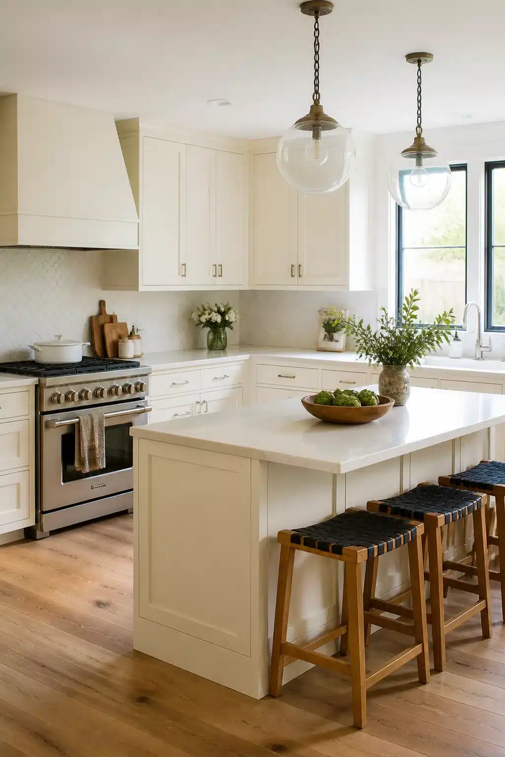 Cream kitchen cabinets with warm white quartz countertops, shaker doors, brass hardware and oak bar stools