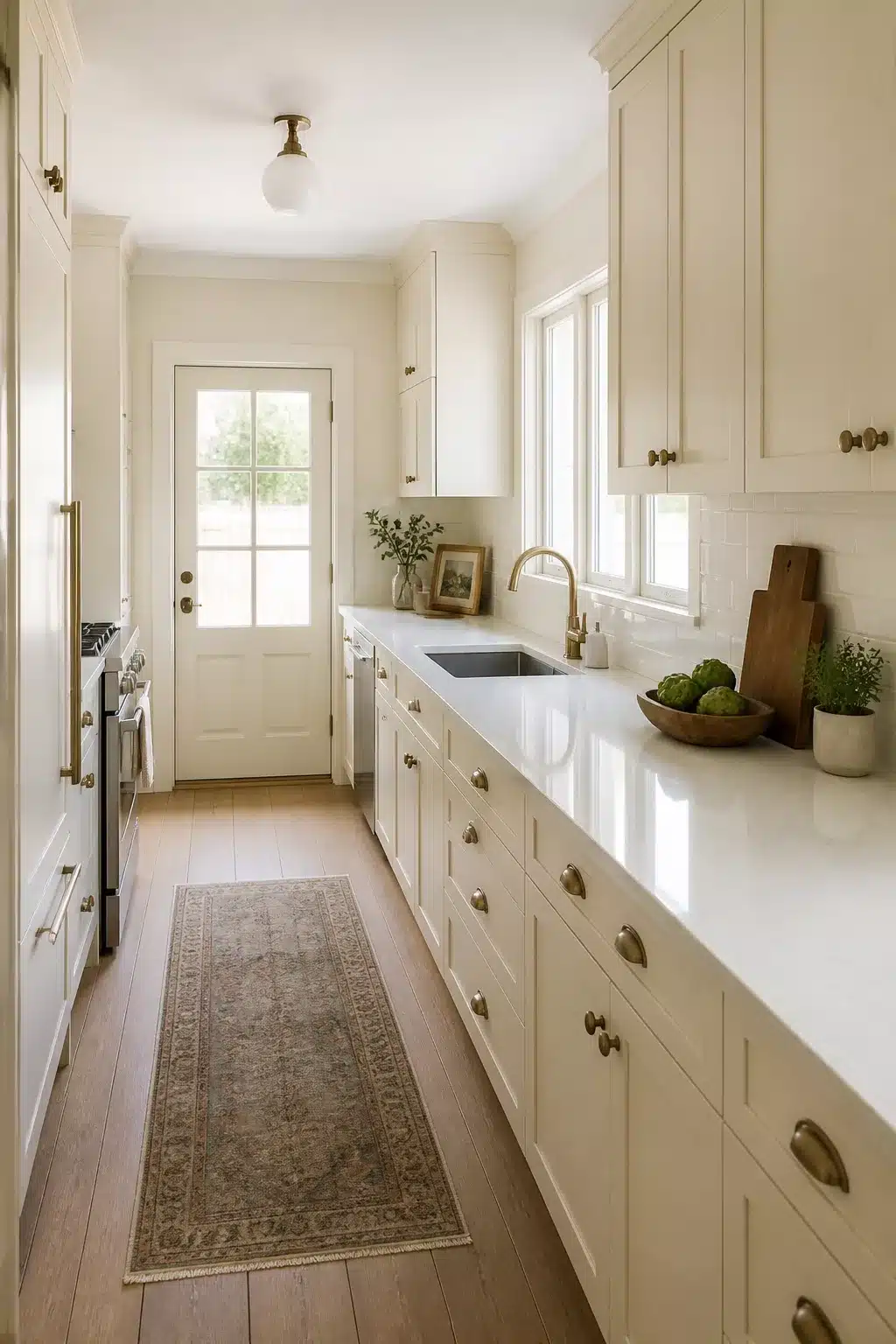 Cream kitchen cabinets with quartz countertops in a galley layout with antique brass knobs and a vintage runner