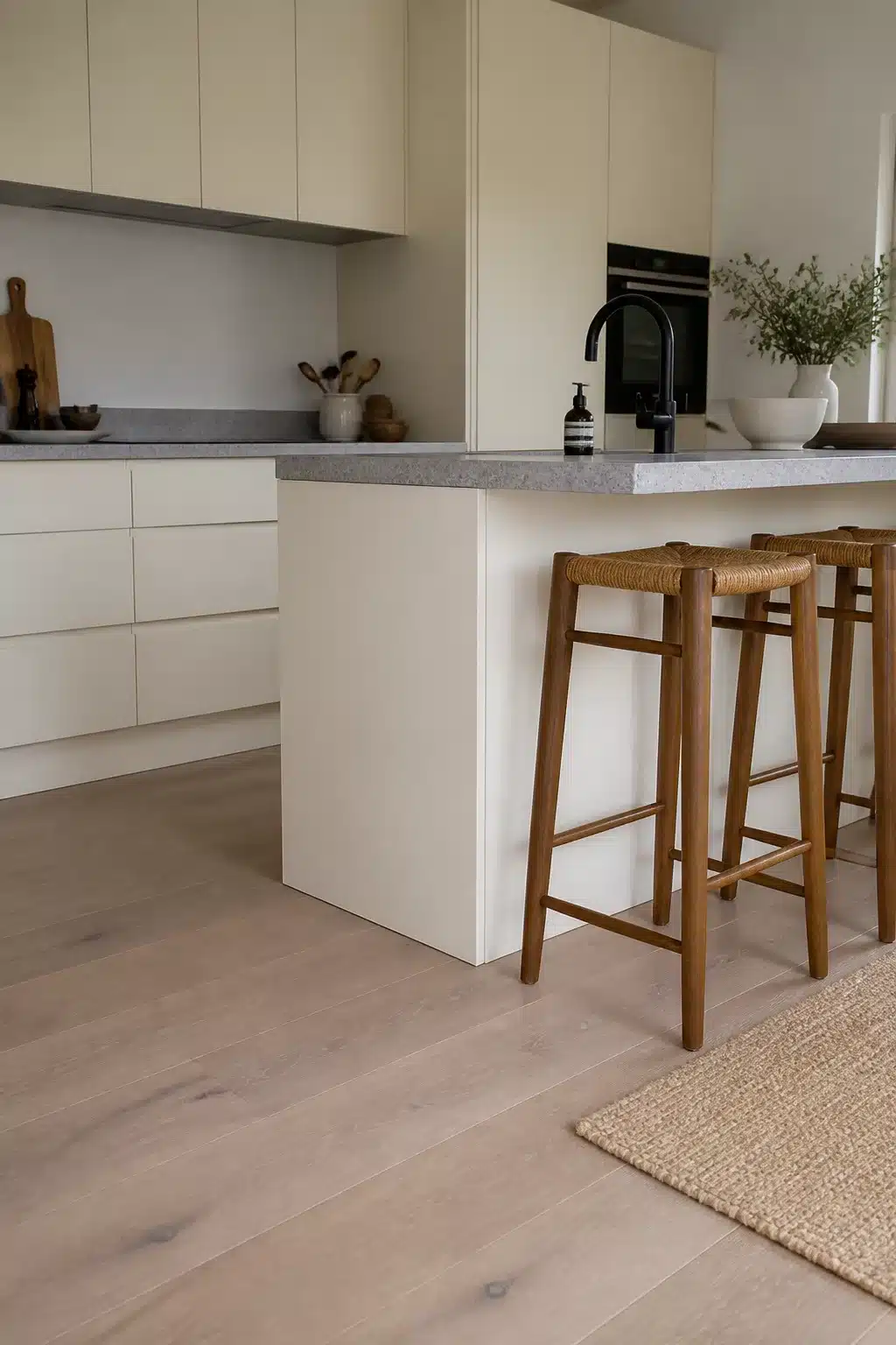 Cream kitchen cabinets with concrete-effect quartz countertop, rattan bar stools, and light oak hardwood floor