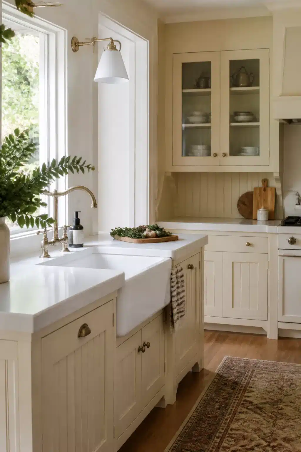 Cream kitchen cabinets with quartz countertops, beadboard doors, brass hardware, and a farmhouse apron sink.