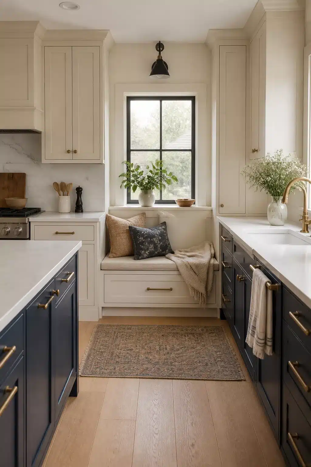 Cream kitchen cabinets with white quartz countertops, navy lower cabinets, brass hardware, and a built-in window seat.
