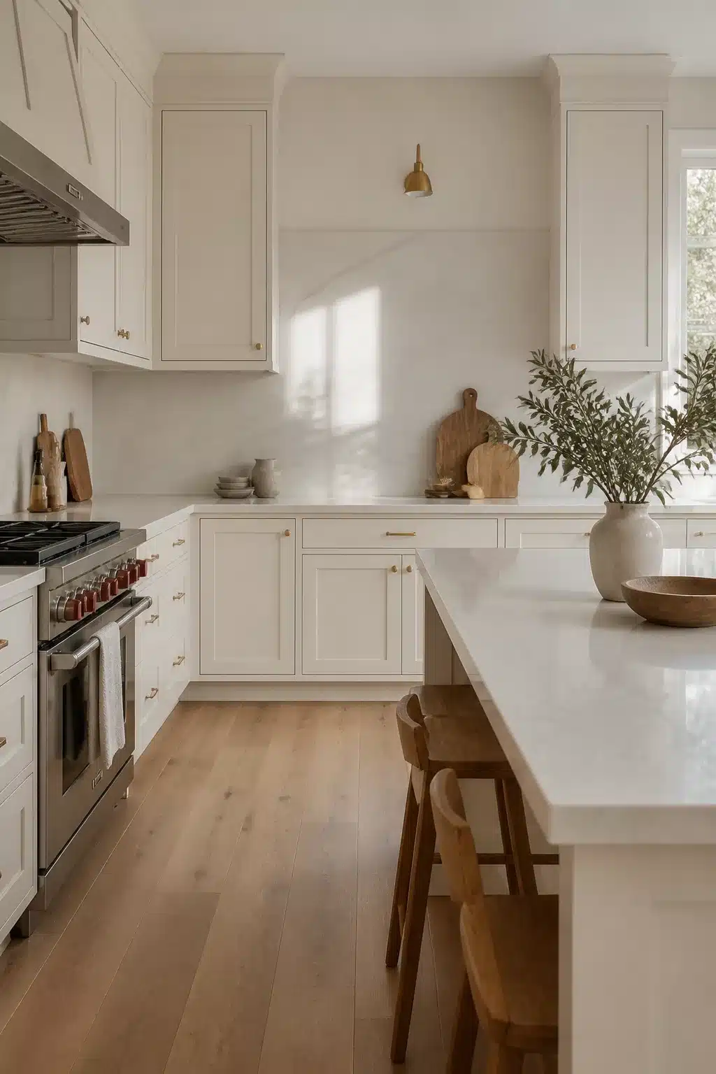 Cream kitchen cabinets with quartz countertop and backsplash, arched detail above range, brass sconce, oak floors