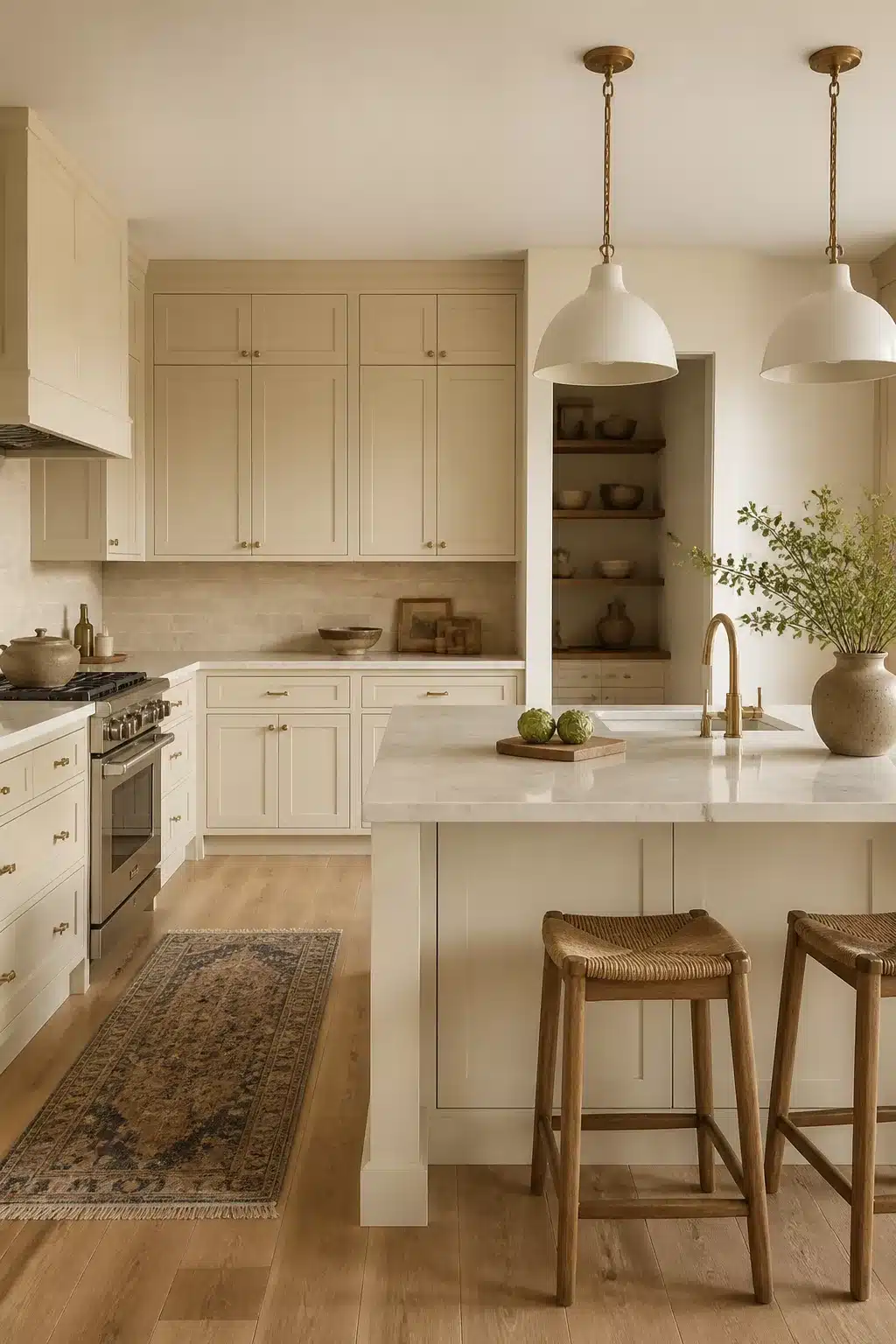Cream kitchen cabinets with quartz countertop, brass faucet, dome pendants, and woven bar stools on oak floors.