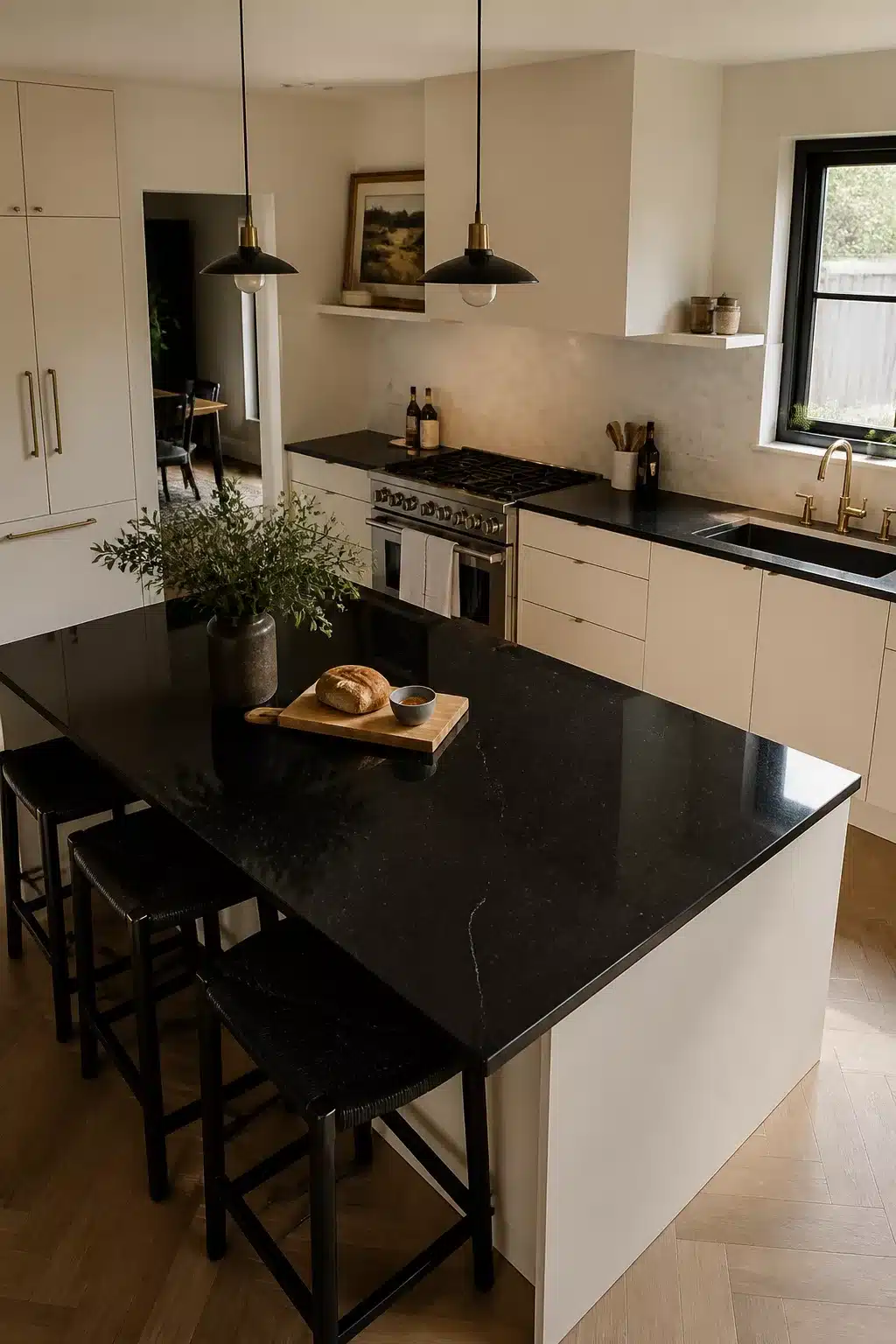 Cream kitchen cabinets with black polished quartz countertops, herringbone wood floor, and matte black pendant lights.