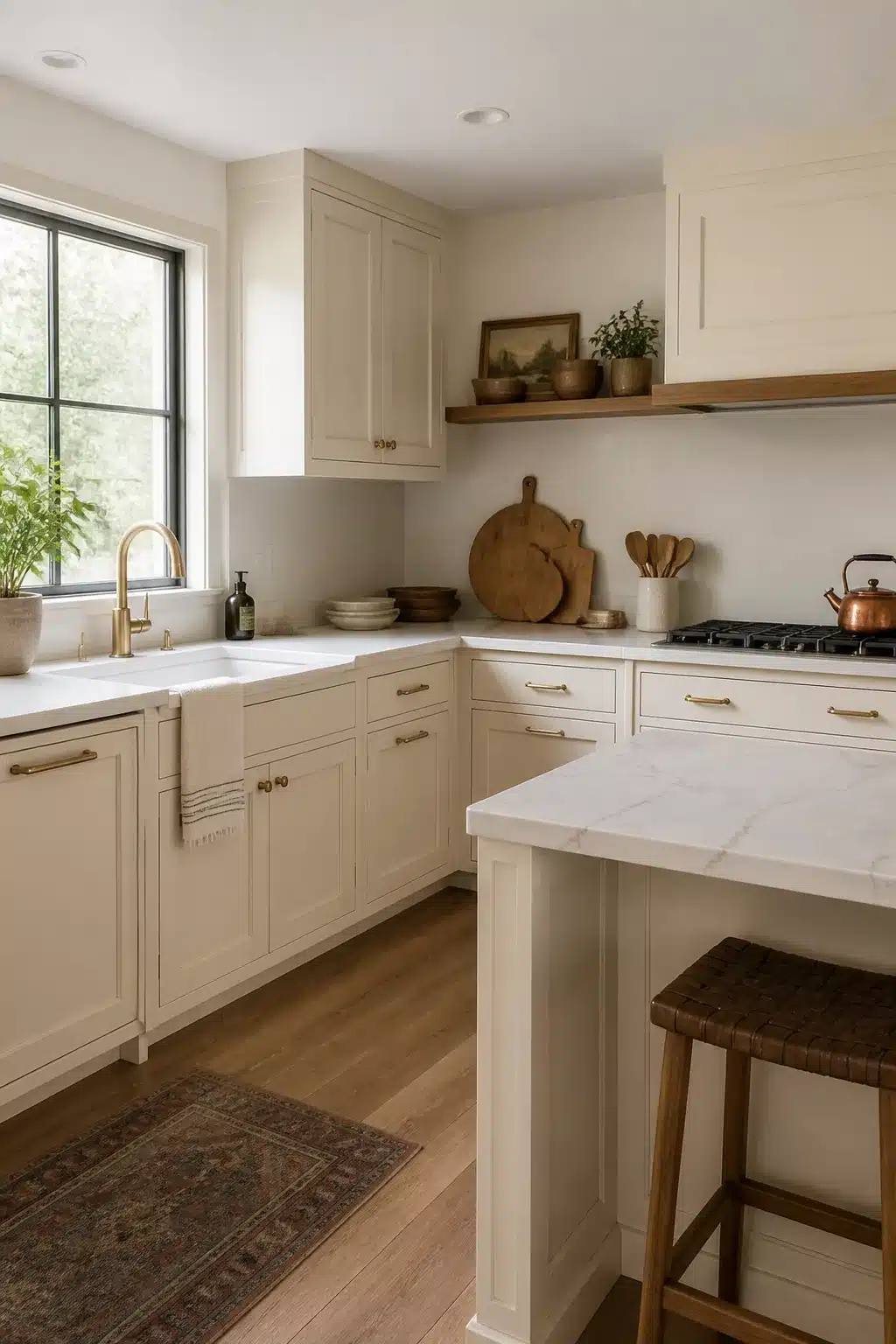 Cream kitchen cabinets with quartz countertops in an L-shape layout with gold hardware and open wood shelf