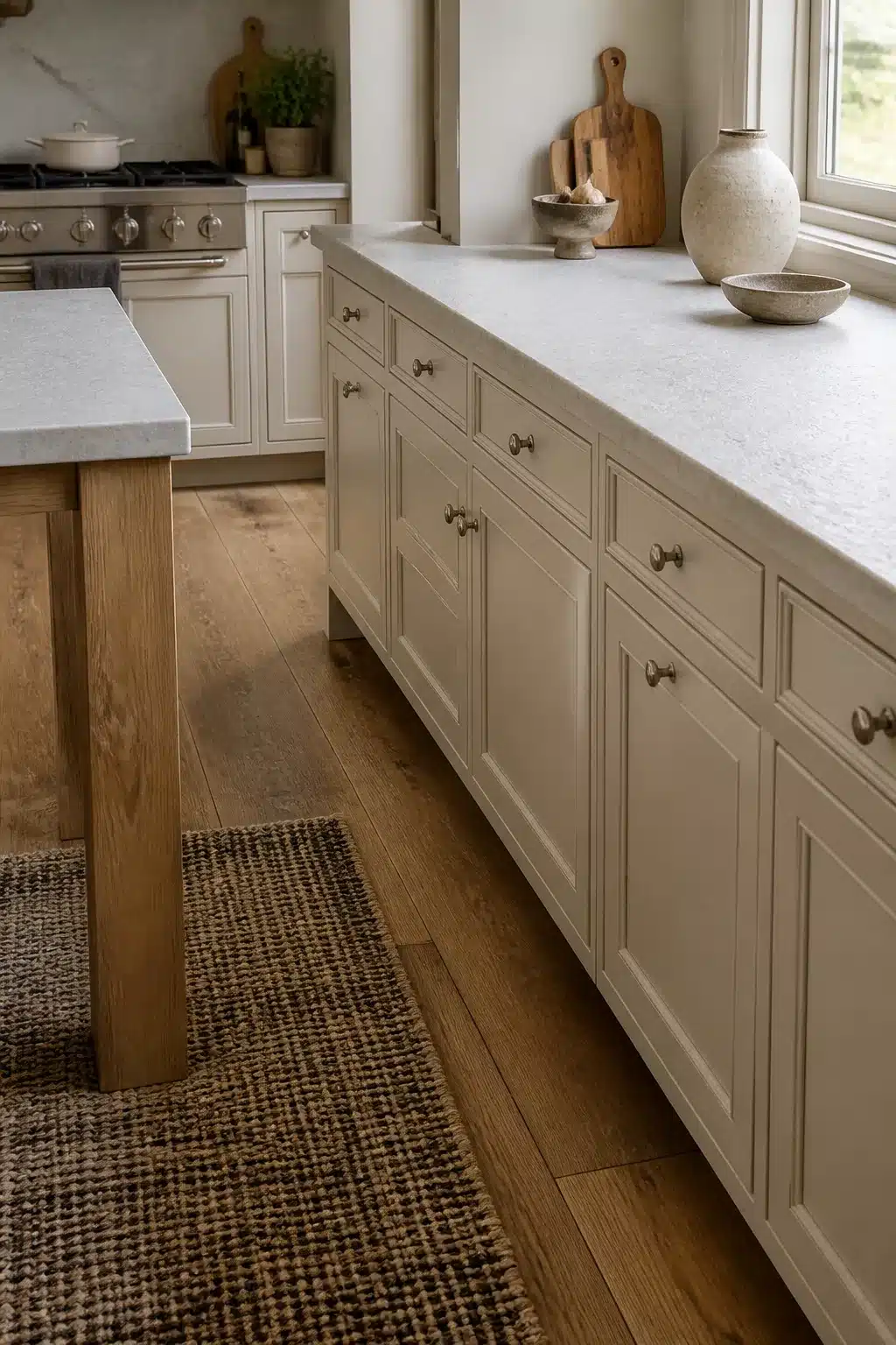 Cream kitchen cabinets with leathered quartz countertops, brass knobs, oak floors, and jute runner