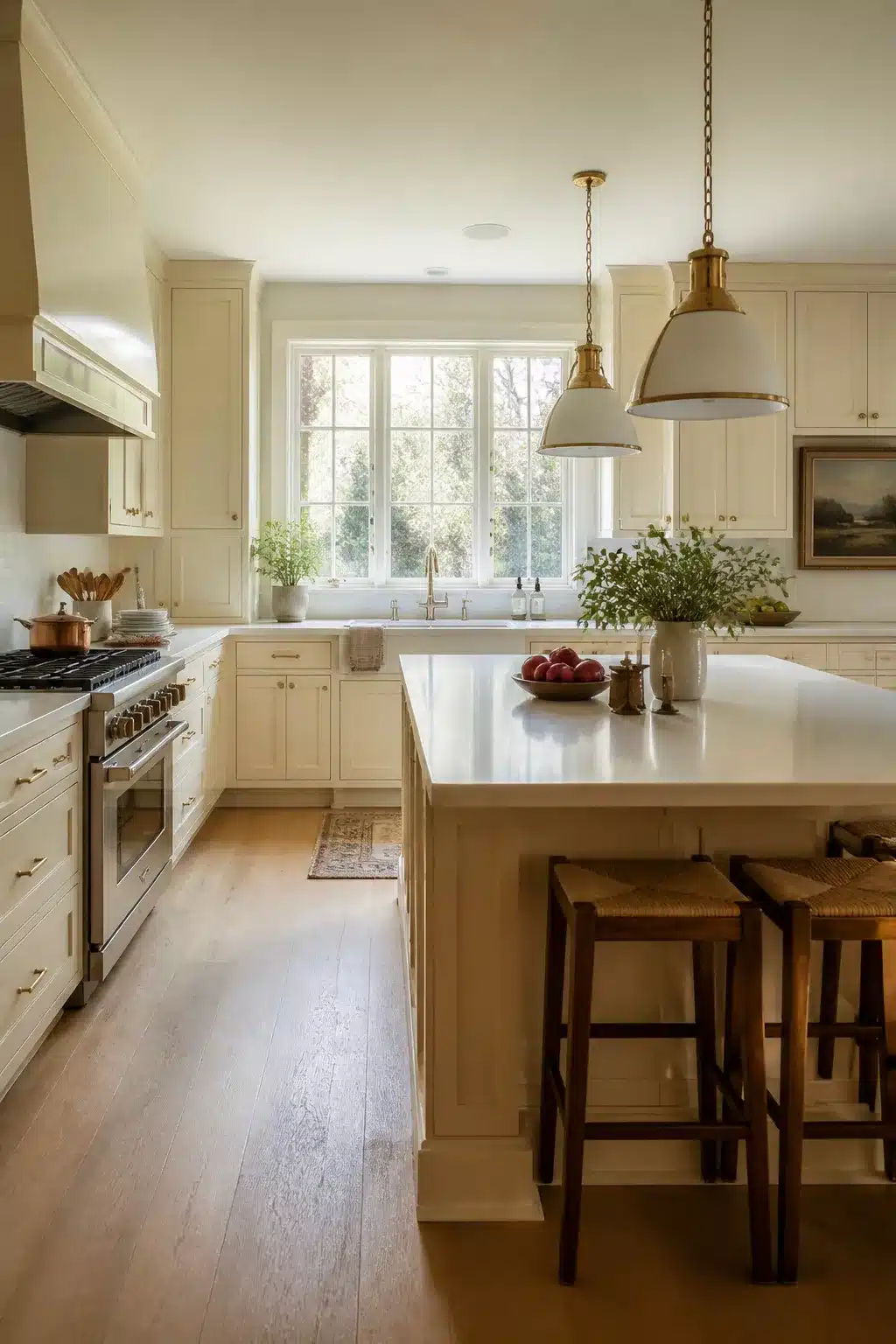Cream kitchen cabinets with quartz island, white dome pendants, brass hardware, and rush-seat counter stools