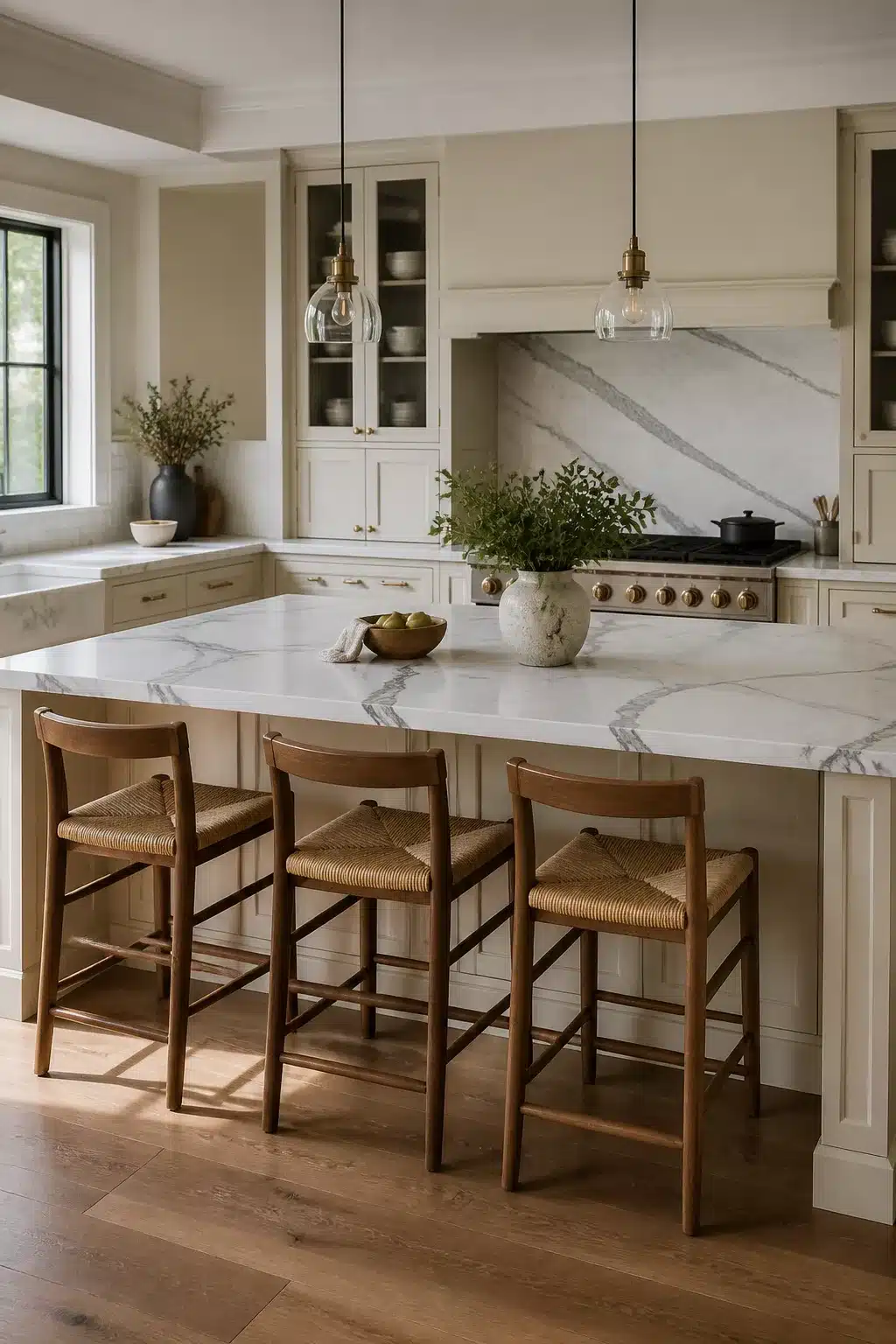 Cream kitchen cabinets with quartz countertop and full-height veined slab backsplash, woven counter stools