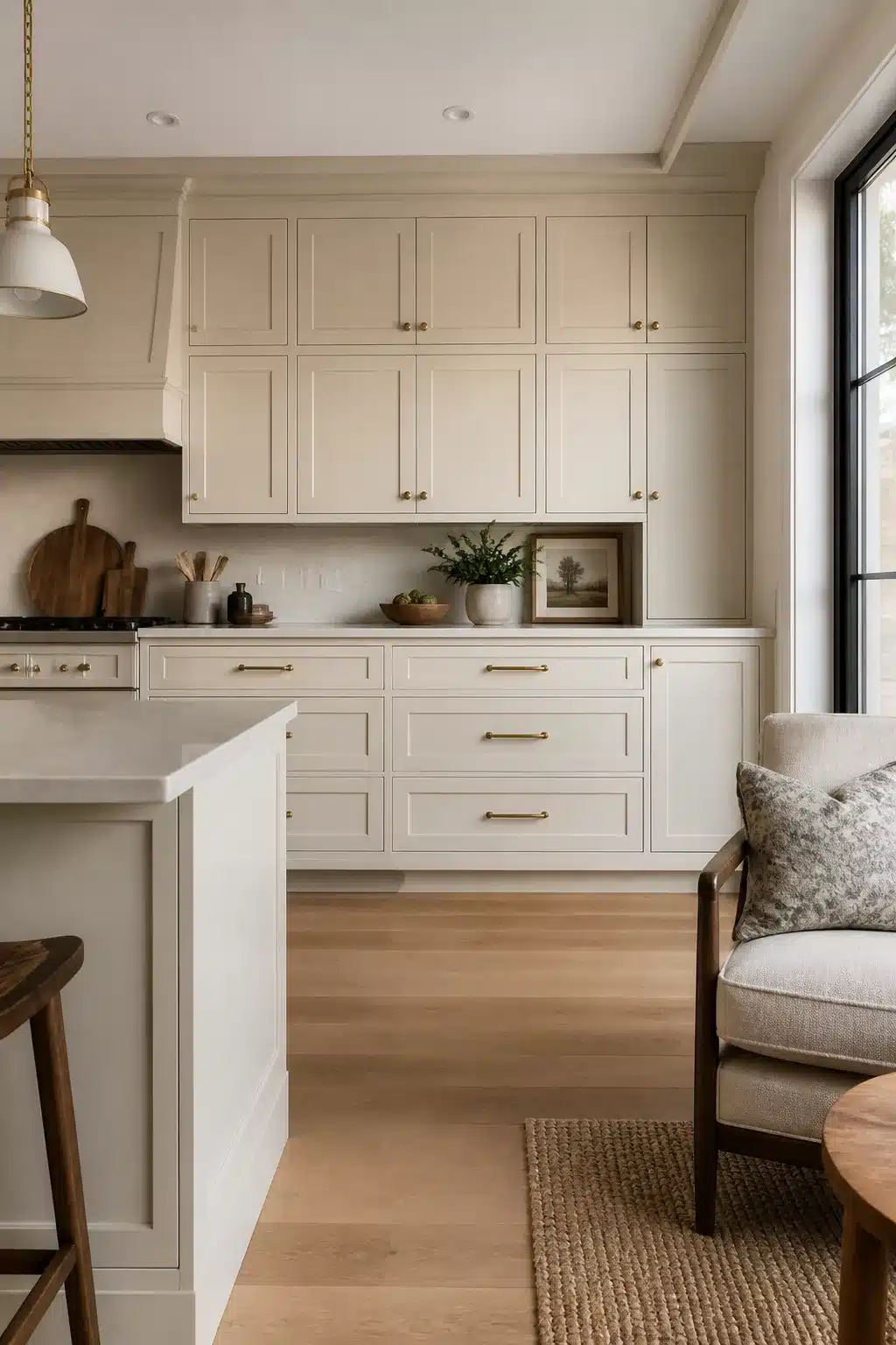 Cream kitchen cabinets with quartz countertops, ceiling-height cabinetry, and brass bar pulls on light wood floors