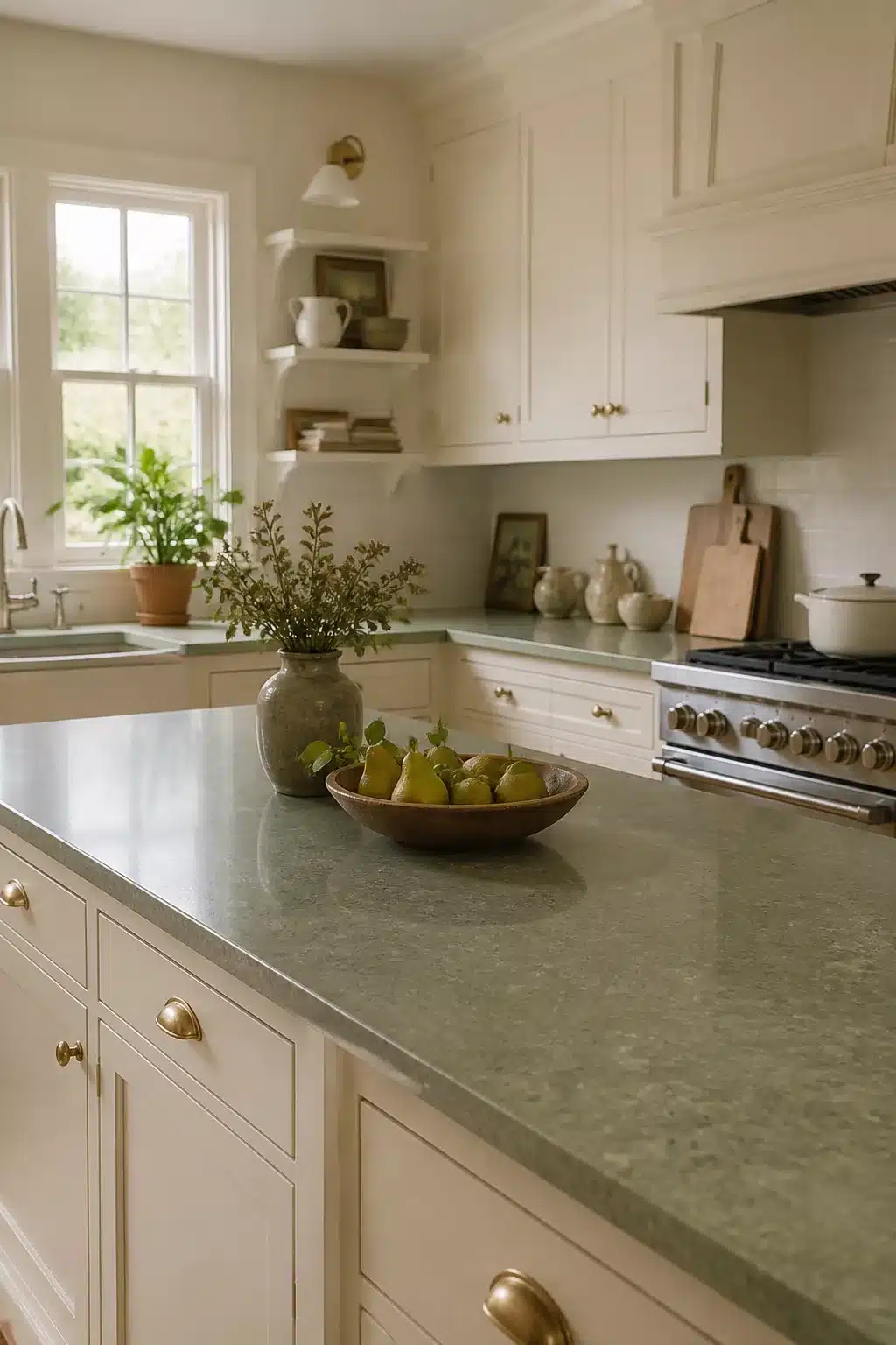Cream kitchen cabinets with green quartz countertops, brass knobs, and a sage-toned island in a classic kitchen