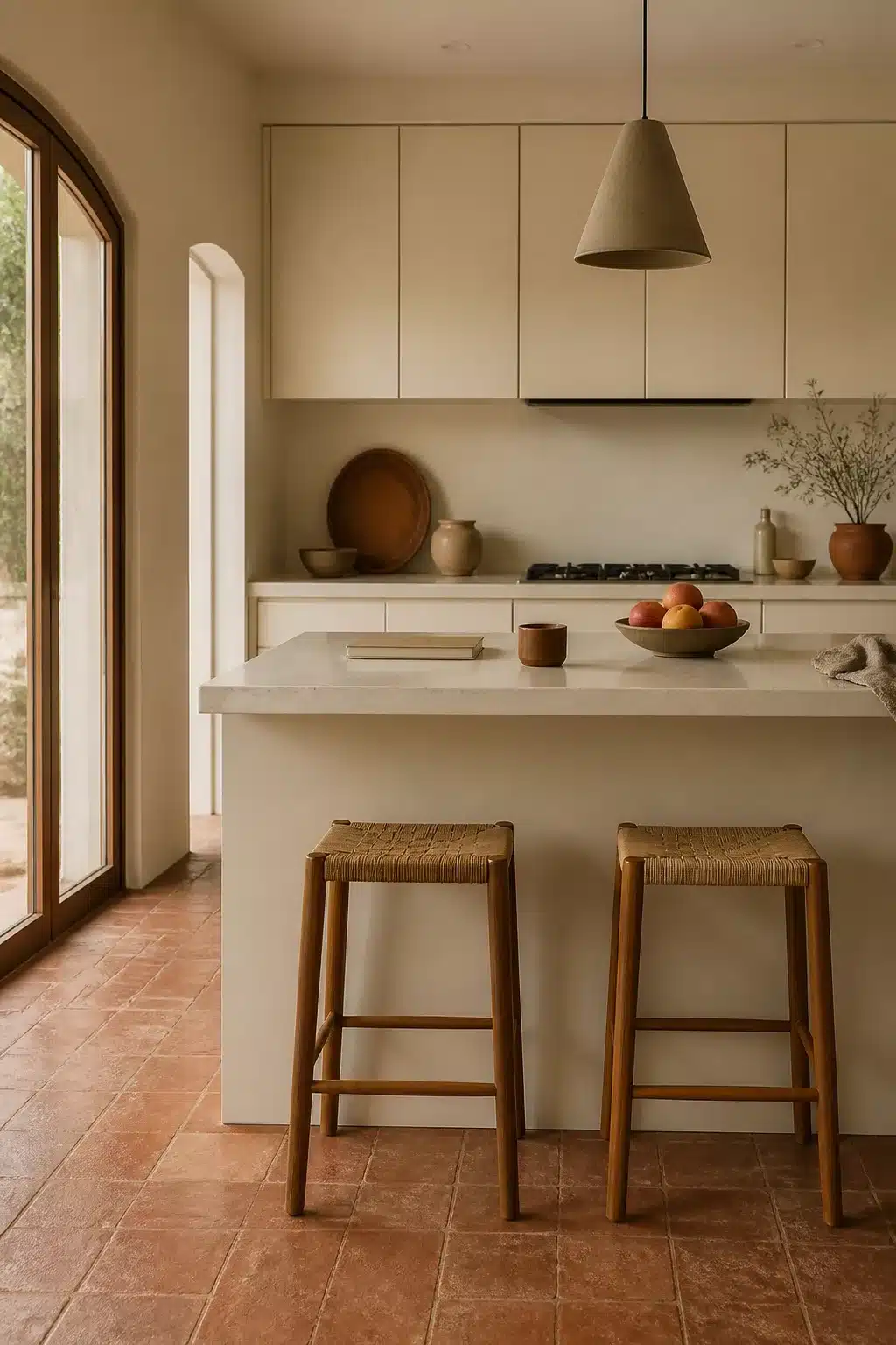 Cream kitchen cabinets with quartz island countertop and terracotta tile floor, warm minimal style