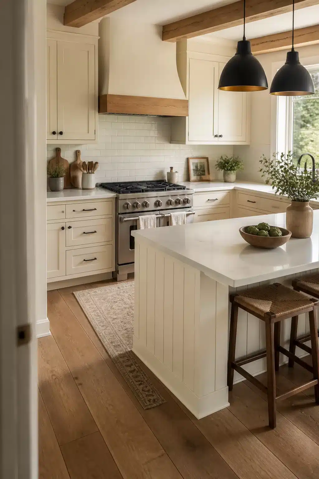 Cream kitchen cabinets with quartz countertops, shiplap island, exposed wood beam, and black dome pendants.