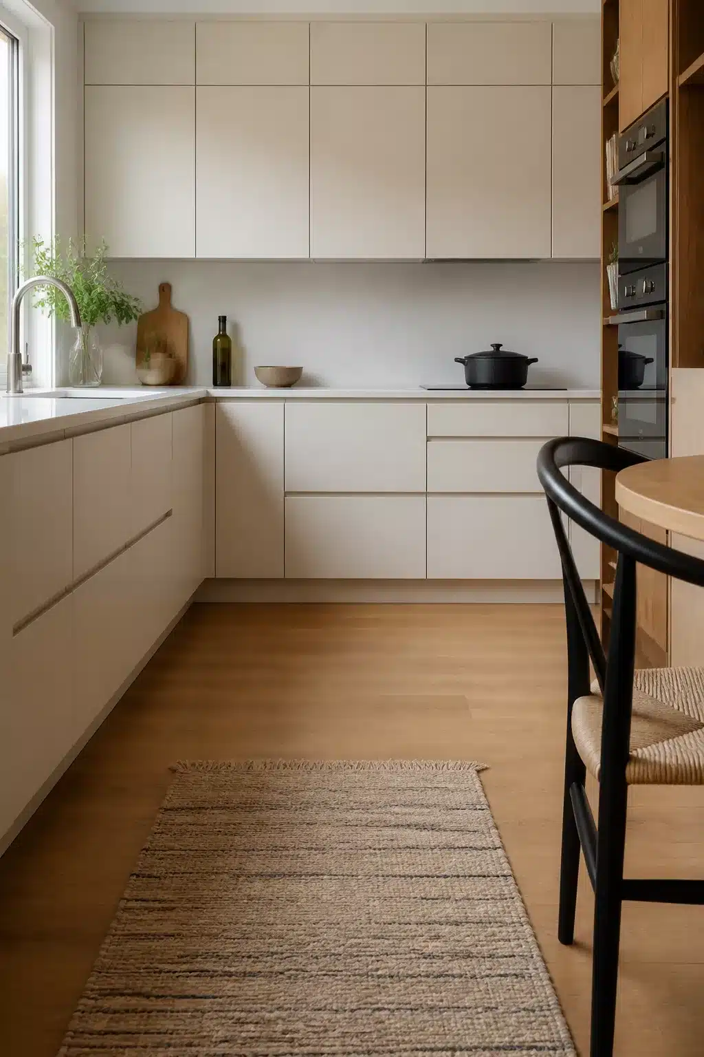 Cream kitchen cabinets with quartz countertops and integrated handle pulls, oak floor and woven runner