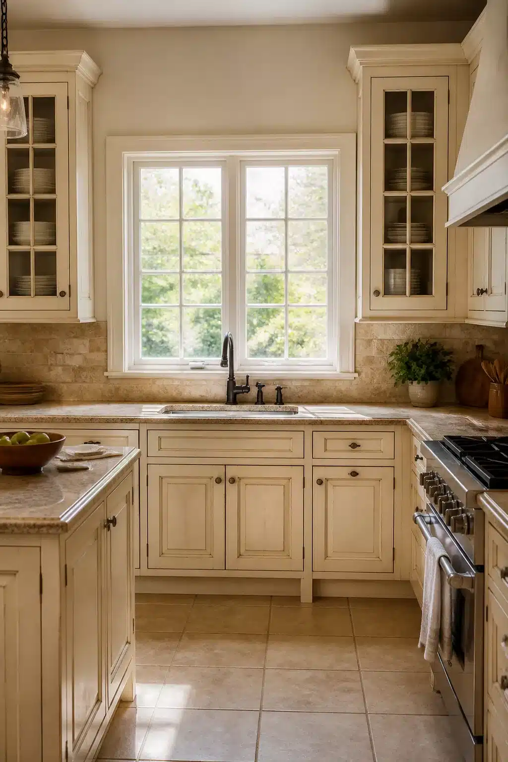 Cream kitchen cabinets with quartz countertops, antique glaze finish, travertine backsplash, and matte black bridge faucet