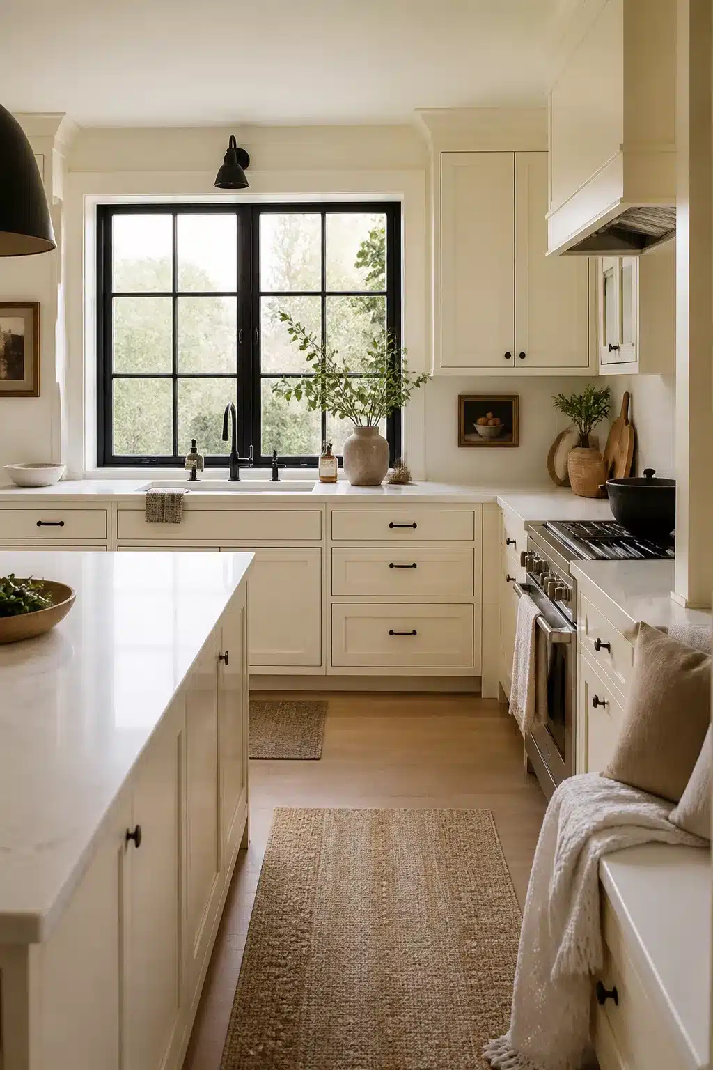 Cream kitchen cabinets with quartz countertops, black window frames, matte black hardware, and a jute runner