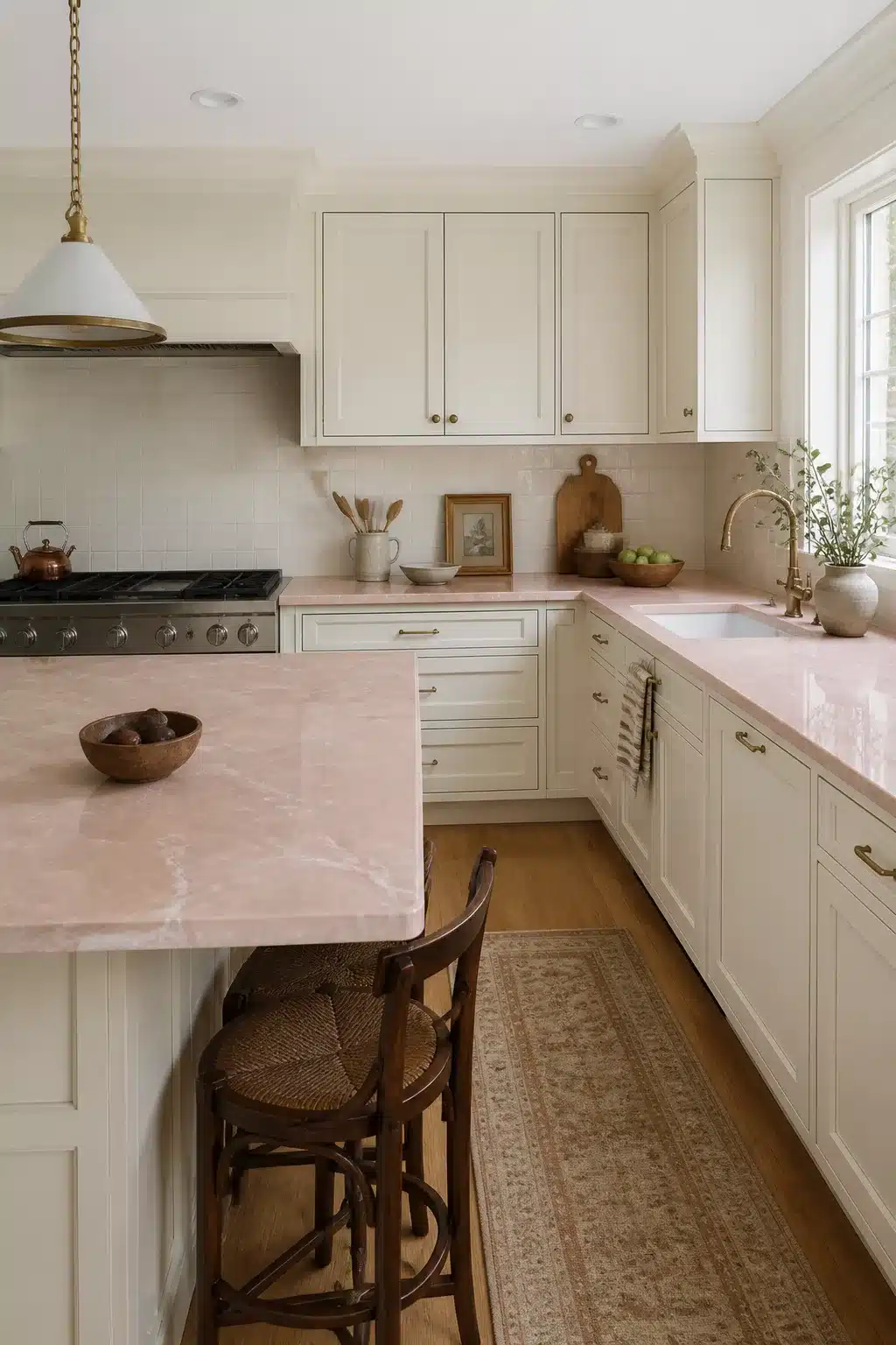 Cream kitchen cabinets with rose quartz countertops, brass hardware, bentwood bar stool, and hardwood floors.