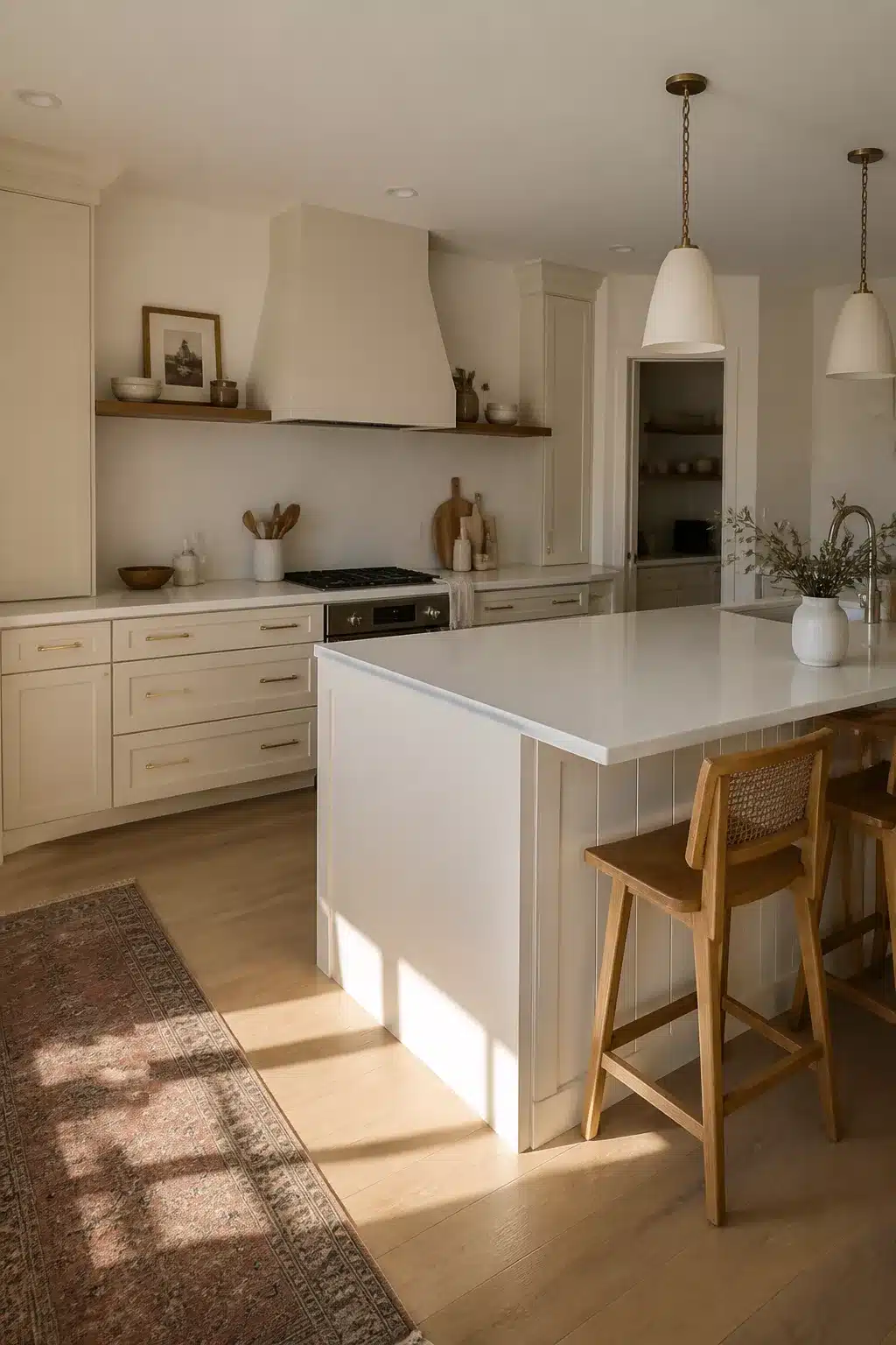 Cream kitchen cabinets with quartz countertops, walnut floating shelf above range, cane bar stools, and faded rug