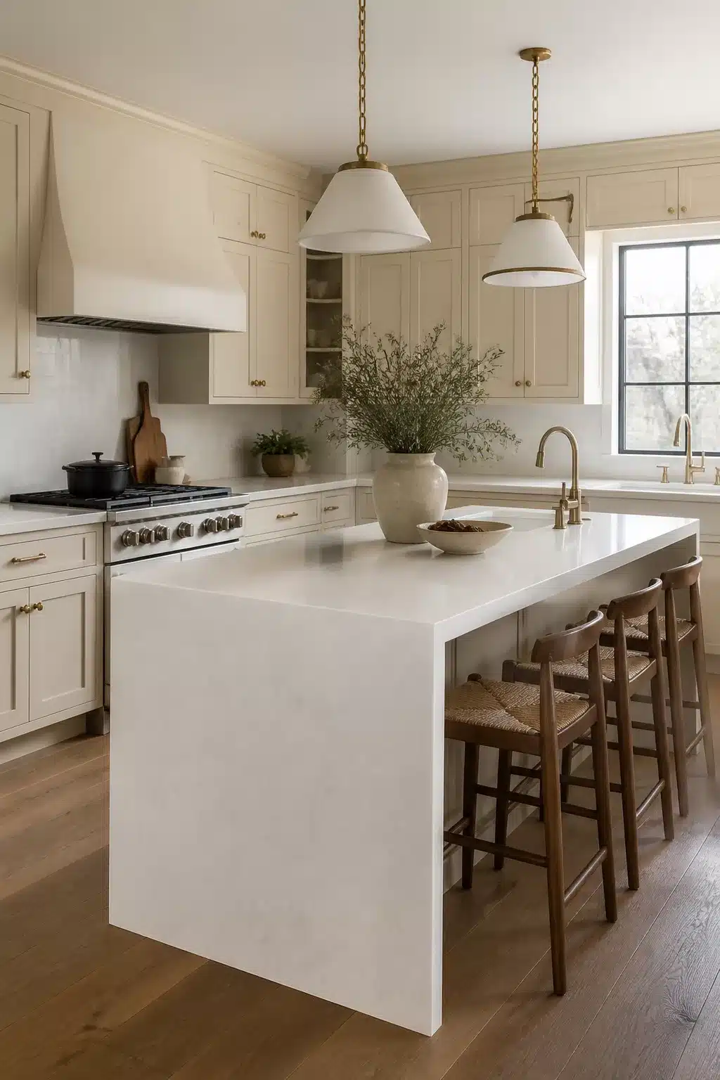 Cream kitchen cabinets with quartz waterfall island, rush seat stools, and brass pendant lights