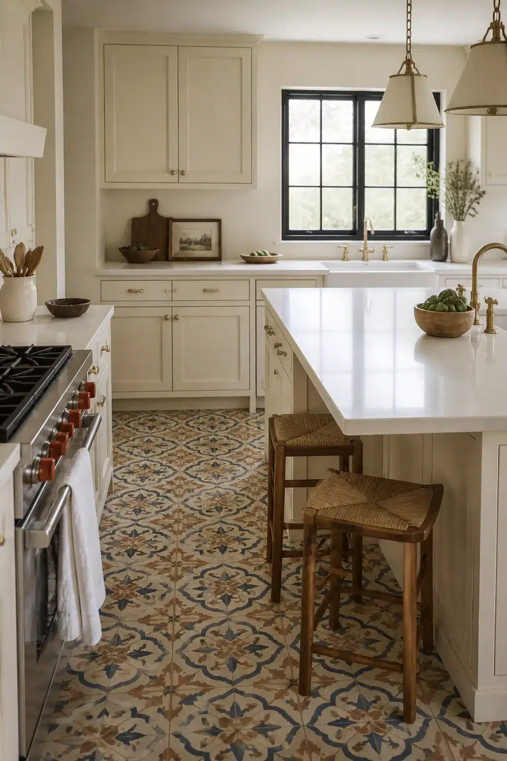 Cream kitchen cabinets with quartz countertops and colorful encaustic patterned tile floor with brass hardware
