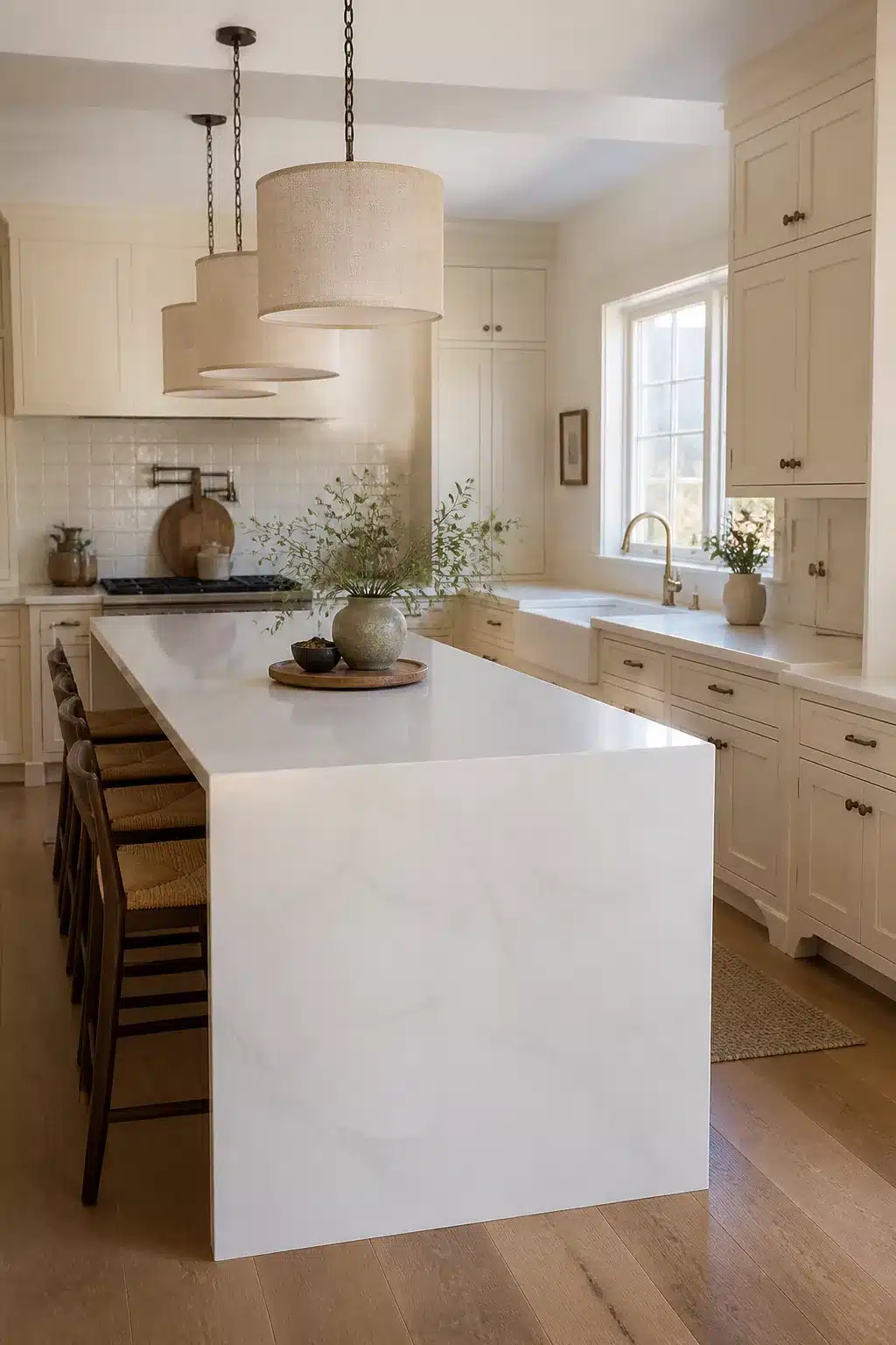 Cream kitchen cabinets with quartz waterfall island, linen drum pendants, and oak hardwood floors