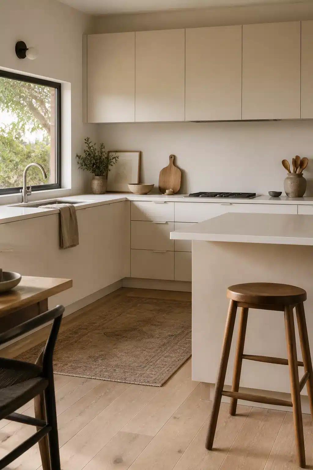 Cream kitchen cabinets with honed quartz countertops, flat-front doors, pale wood floors, and a black window frame