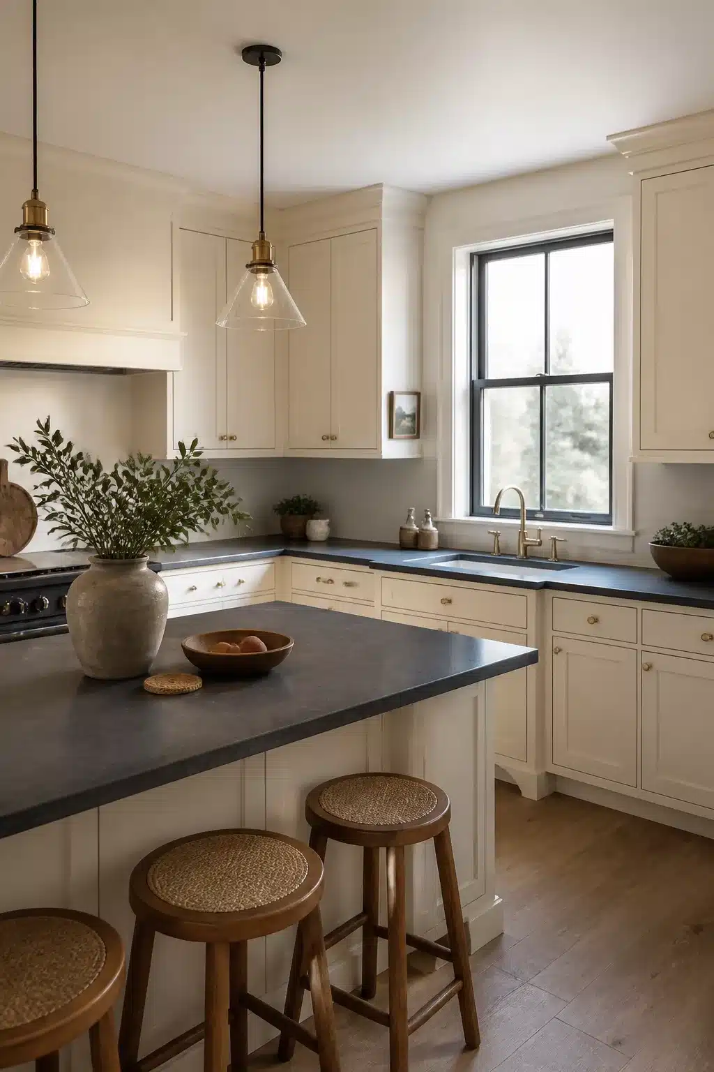 Cream kitchen cabinets with charcoal quartz countertops, brass hardware, and glass pendant lights over island