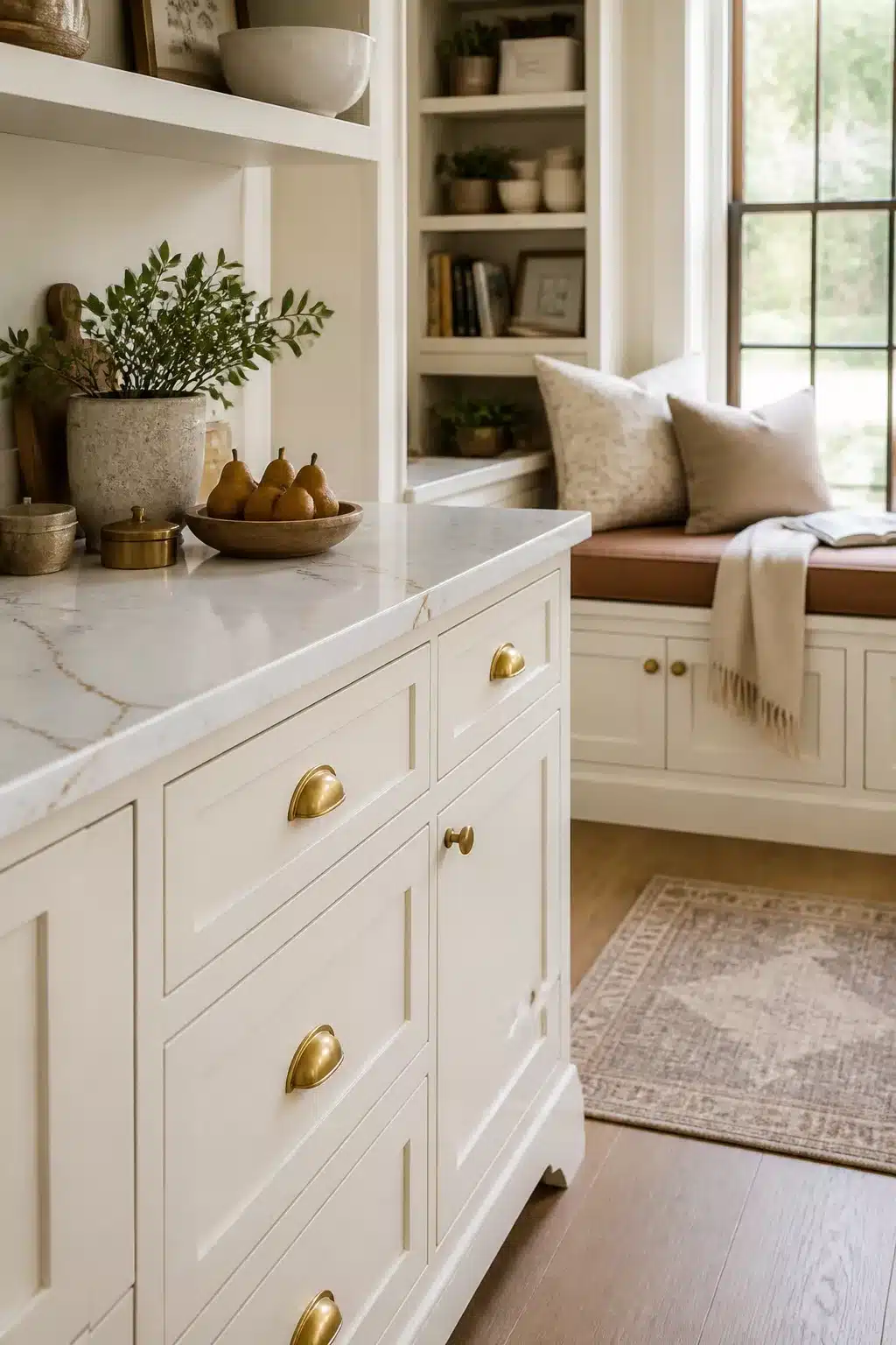 Cream kitchen cabinets with quartz countertop and aged brass cup pull hardware, built-in window seat in background.