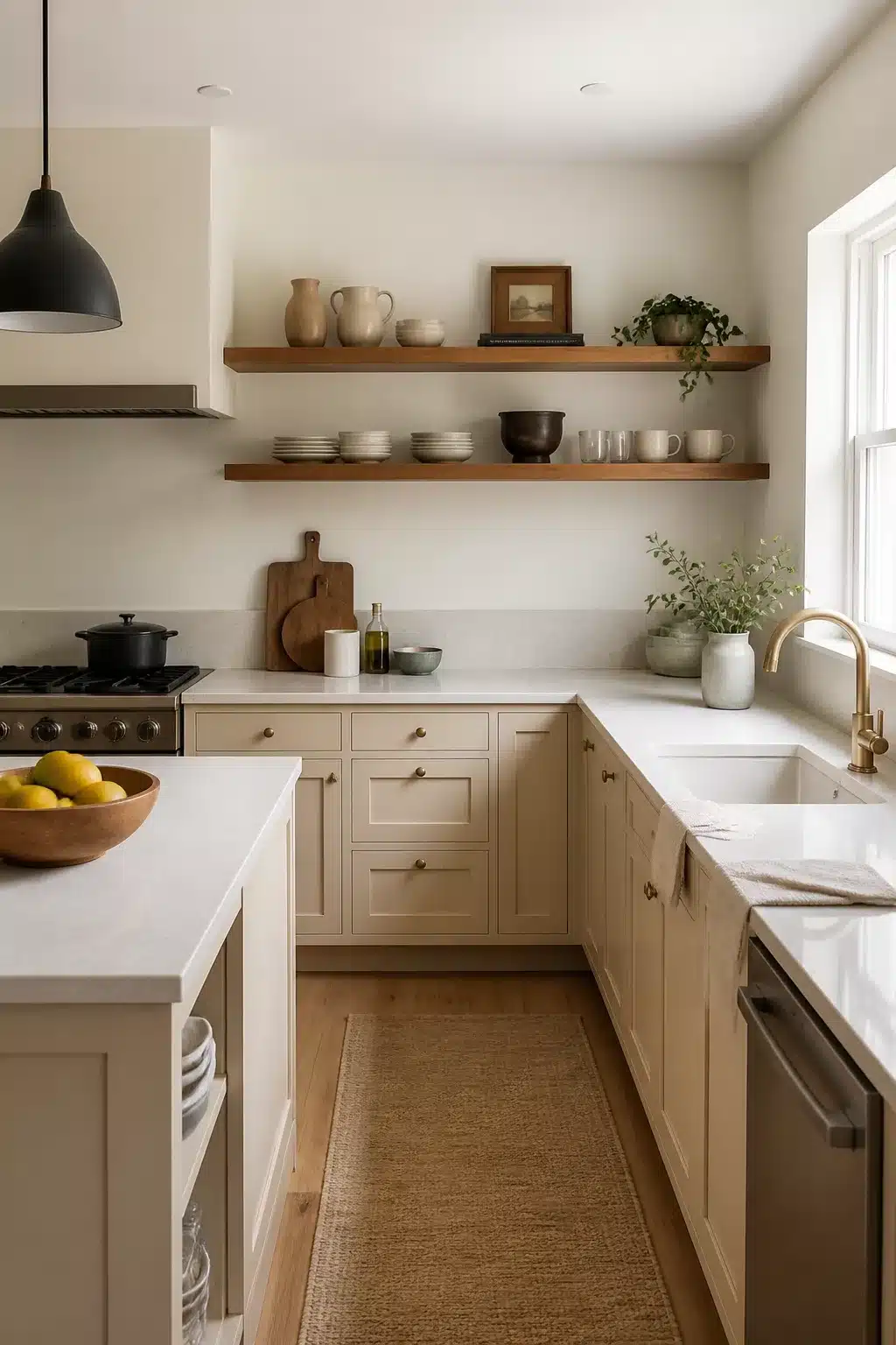 Cream kitchen cabinets with quartz countertops, walnut floating shelves, brass hardware, and matte black pendant light