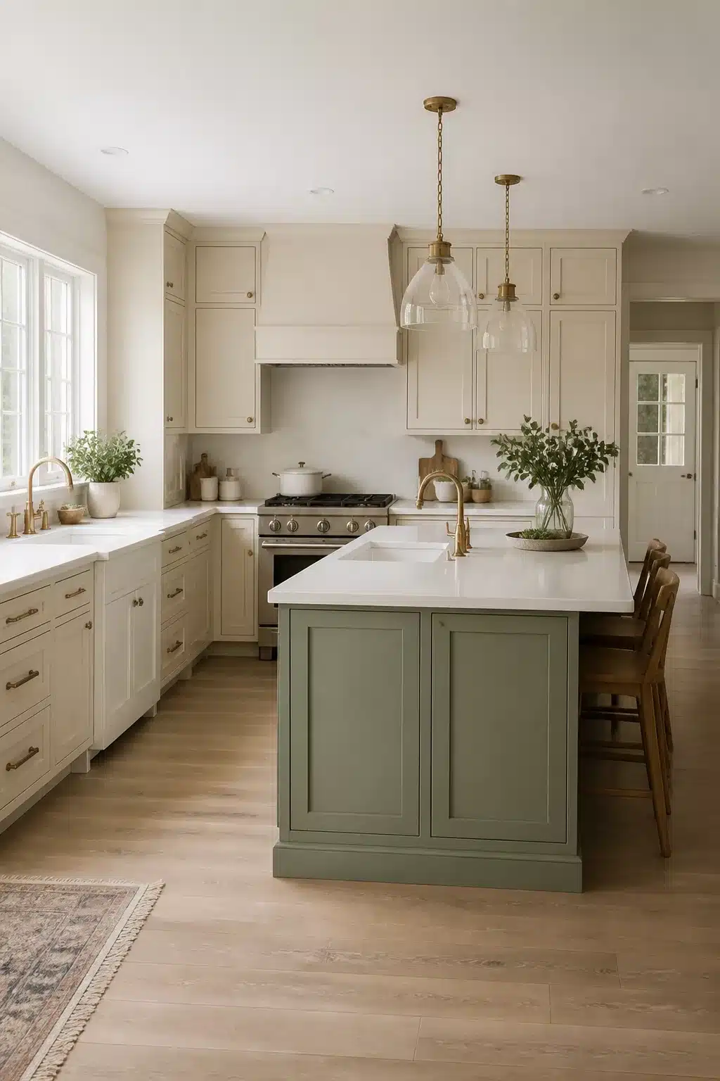 Cream kitchen cabinets with quartz countertops and a sage green island, brass hardware, and glass pendants