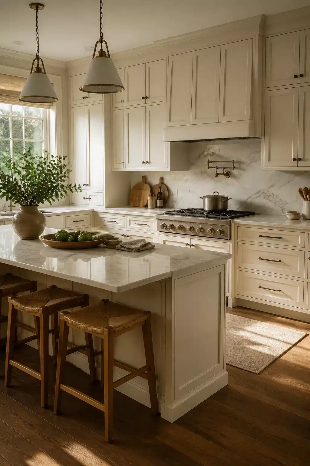 Cream kitchen cabinets with quartz countertops, inset doors, brass hardware, marble-look island, and warm wood floors