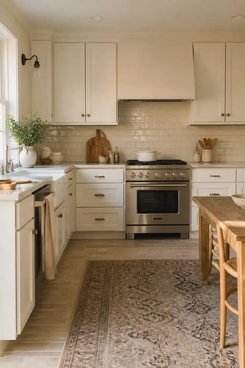 Cream kitchen tiles in a classic subway pattern with white shaker cabinets, brass hardware, and stainless range.