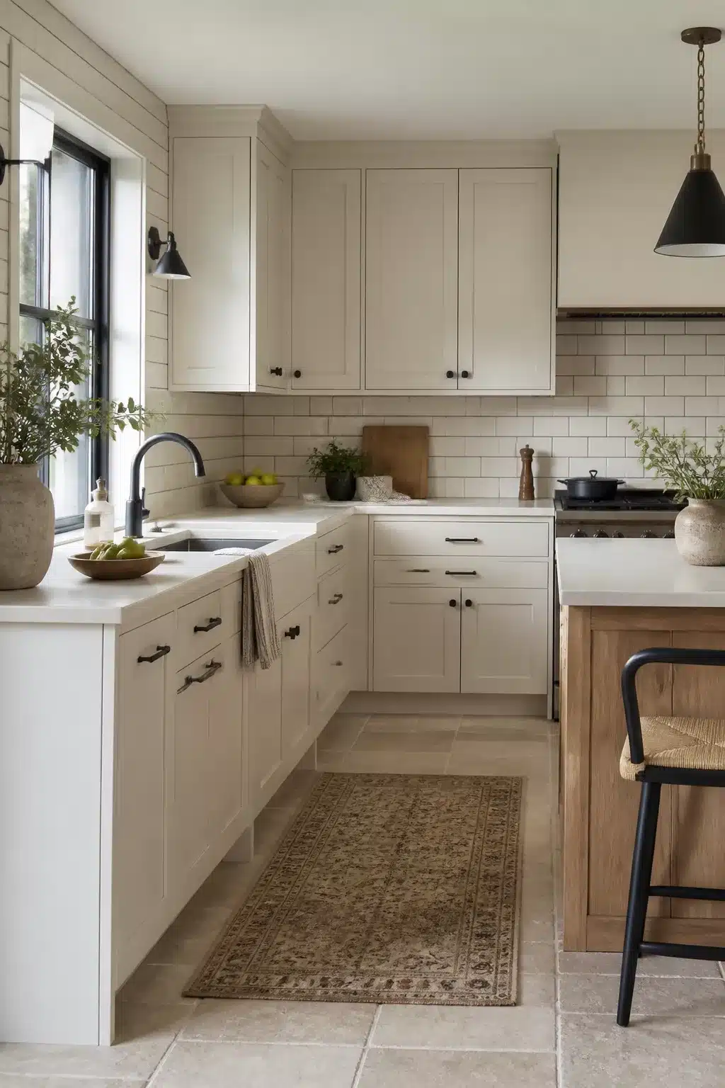 Cream kitchen tiles with beveled subway backsplash, matte black hardware, and warm wood island base