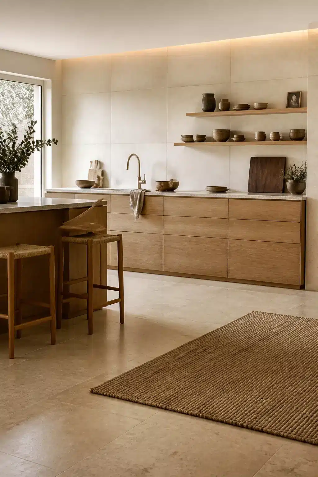 Floor-to-ceiling large-format cream kitchen tiles with warm oak cabinets, open shelving, and jute rug