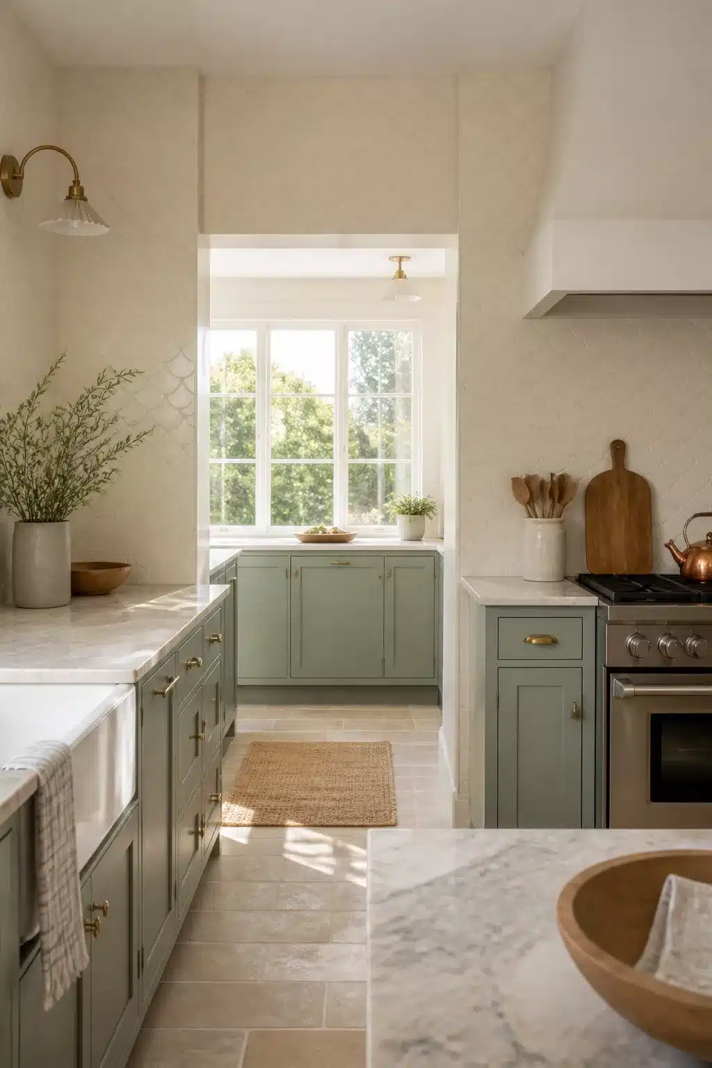 Cream fish-scale kitchen wall tiles with sage green cabinets, brass hardware, and marble countertops in a bright kitchen