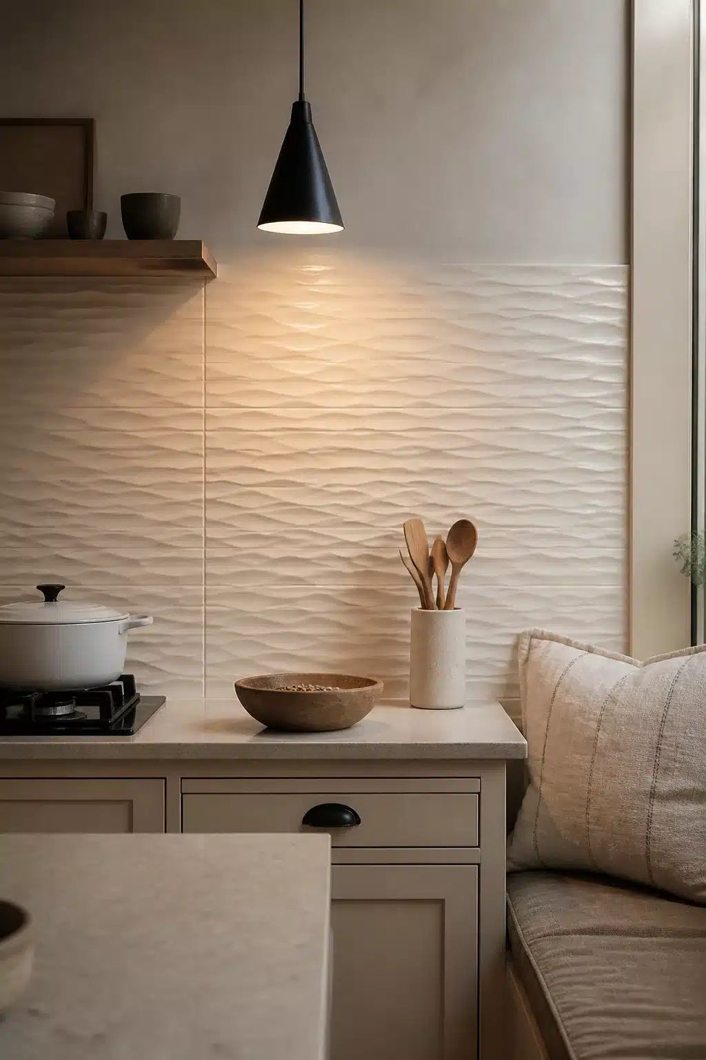 Cream kitchen tiles with a ripple wave texture behind shaker cabinets, lit by a black cone pendant light.