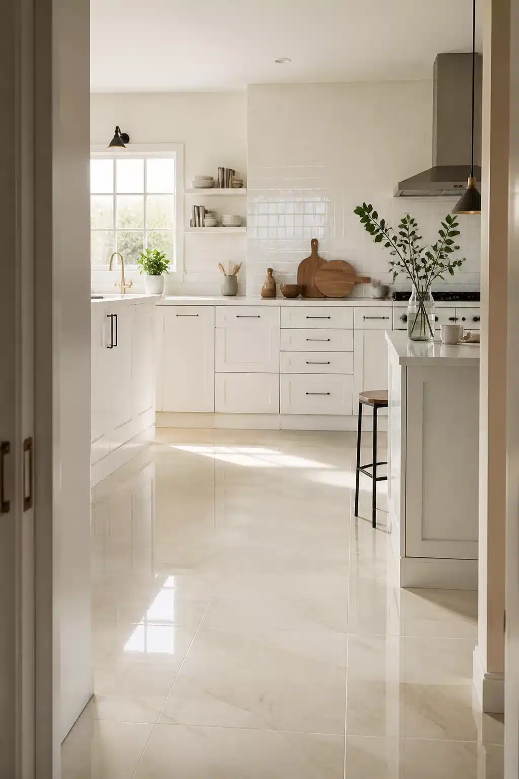Cream marble-effect polished kitchen floor tiles with white shaker cabinets and natural light — cream kitchen tiles idea