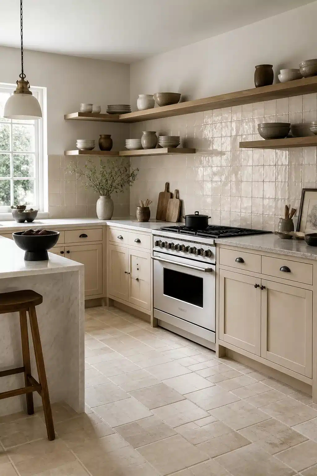 Cream handmade artisan kitchen wall tiles with oak open shelving and shaker cabinets — cream kitchen tiles inspiration