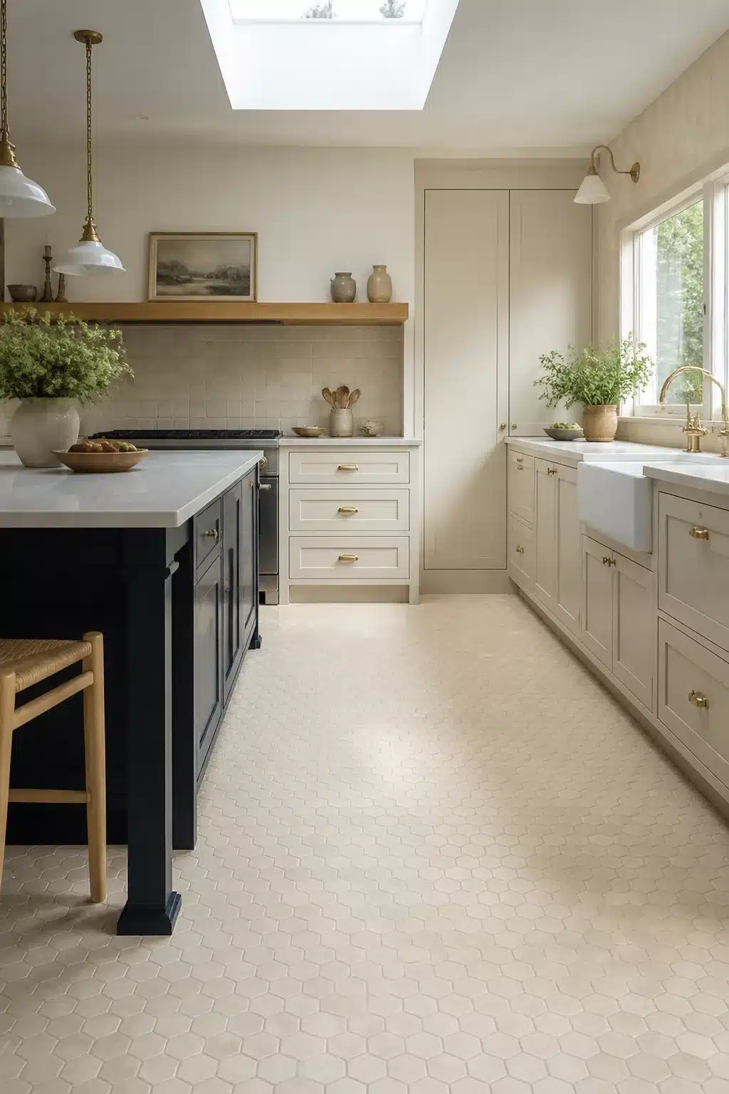 Cream hexagon kitchen floor tiles with navy island, brass hardware, and farmhouse sink — cream kitchen tiles idea