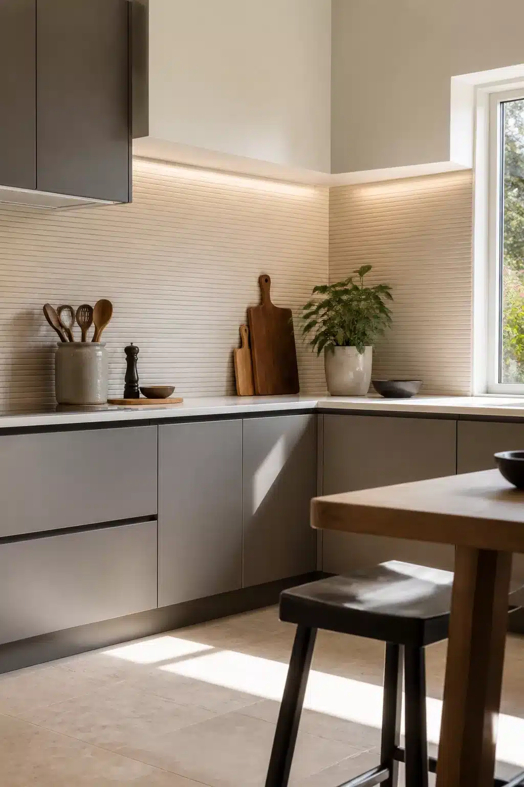 Cream slim-format stacked kitchen tiles with LED strip lighting and flat-front gray cabinets in a minimal kitchen