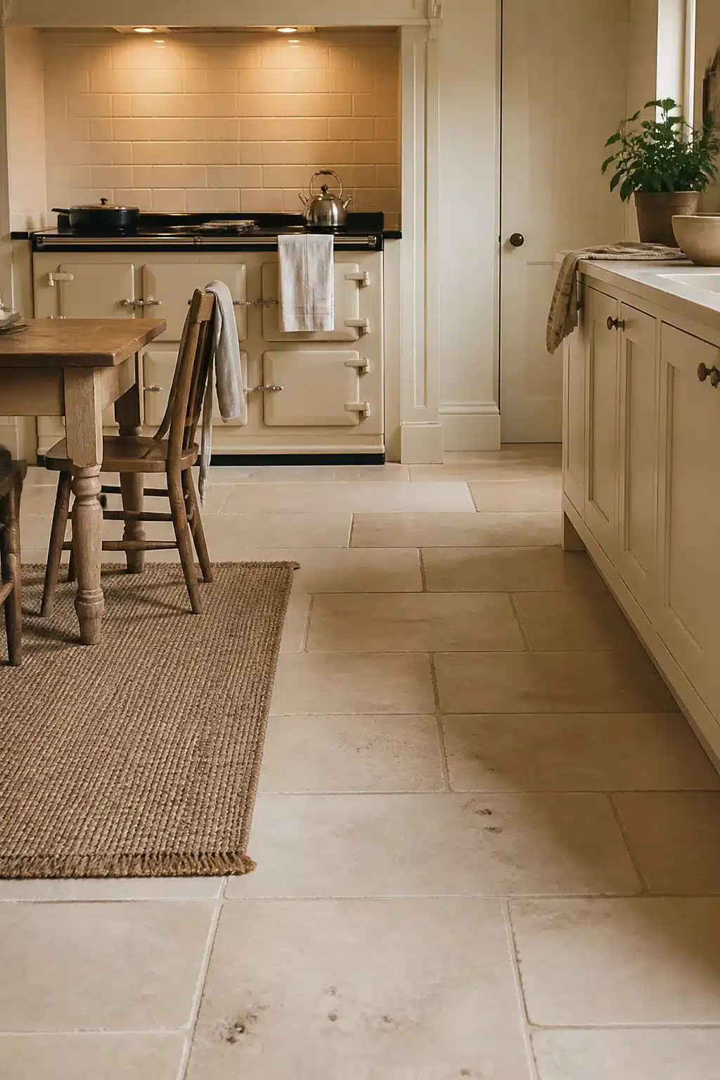 Cream kitchen tiles in large stone flag style floor with AGA range and jute rug in a warm neutral kitchen