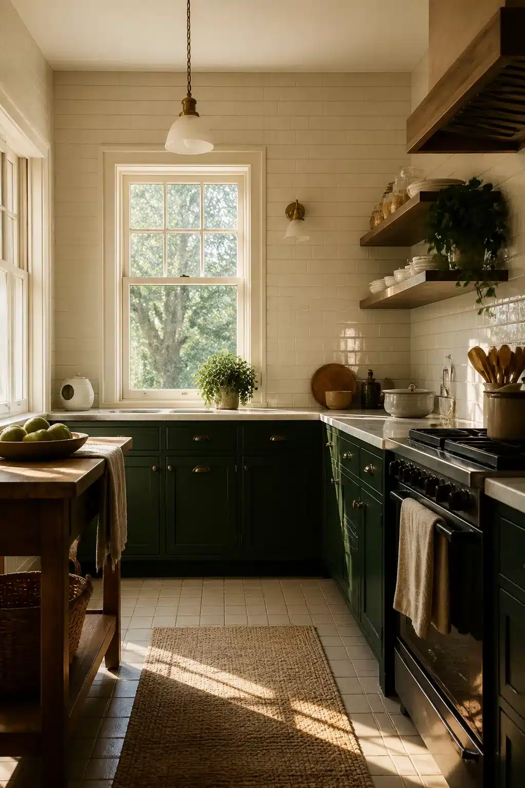 Forest green painted kitchen cabinets with cream square kitchen tiles backsplash and warm afternoon sunlight