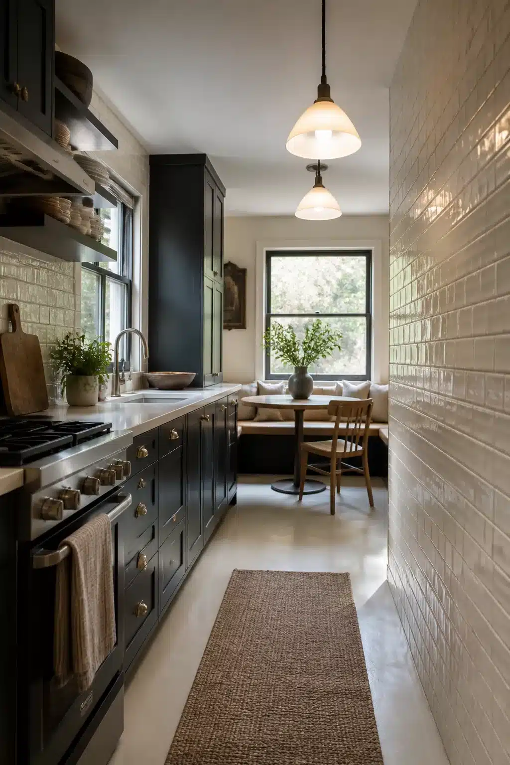 Vertically stacked cream kitchen tiles on a full wall beside dark navy cabinetry in a narrow galley kitchen