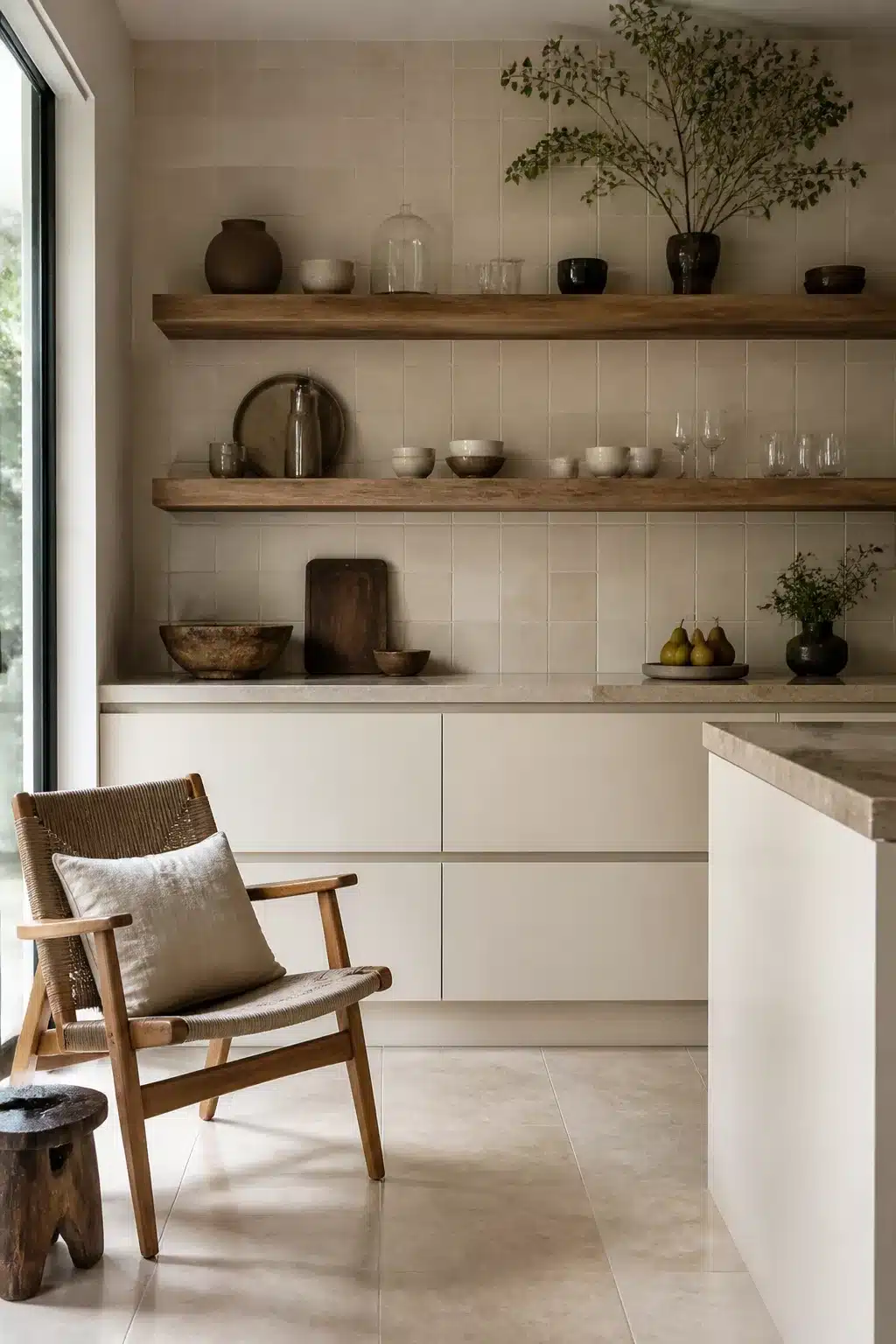 Cream kitchen tiles with flat-front cabinetry and walnut floating shelves styled with ceramic bowls and a woven chair
