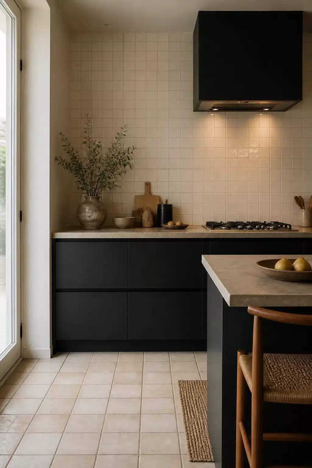 Cream square kitchen tiles with matte black cabinetry and black range hood in a minimal modern kitchen