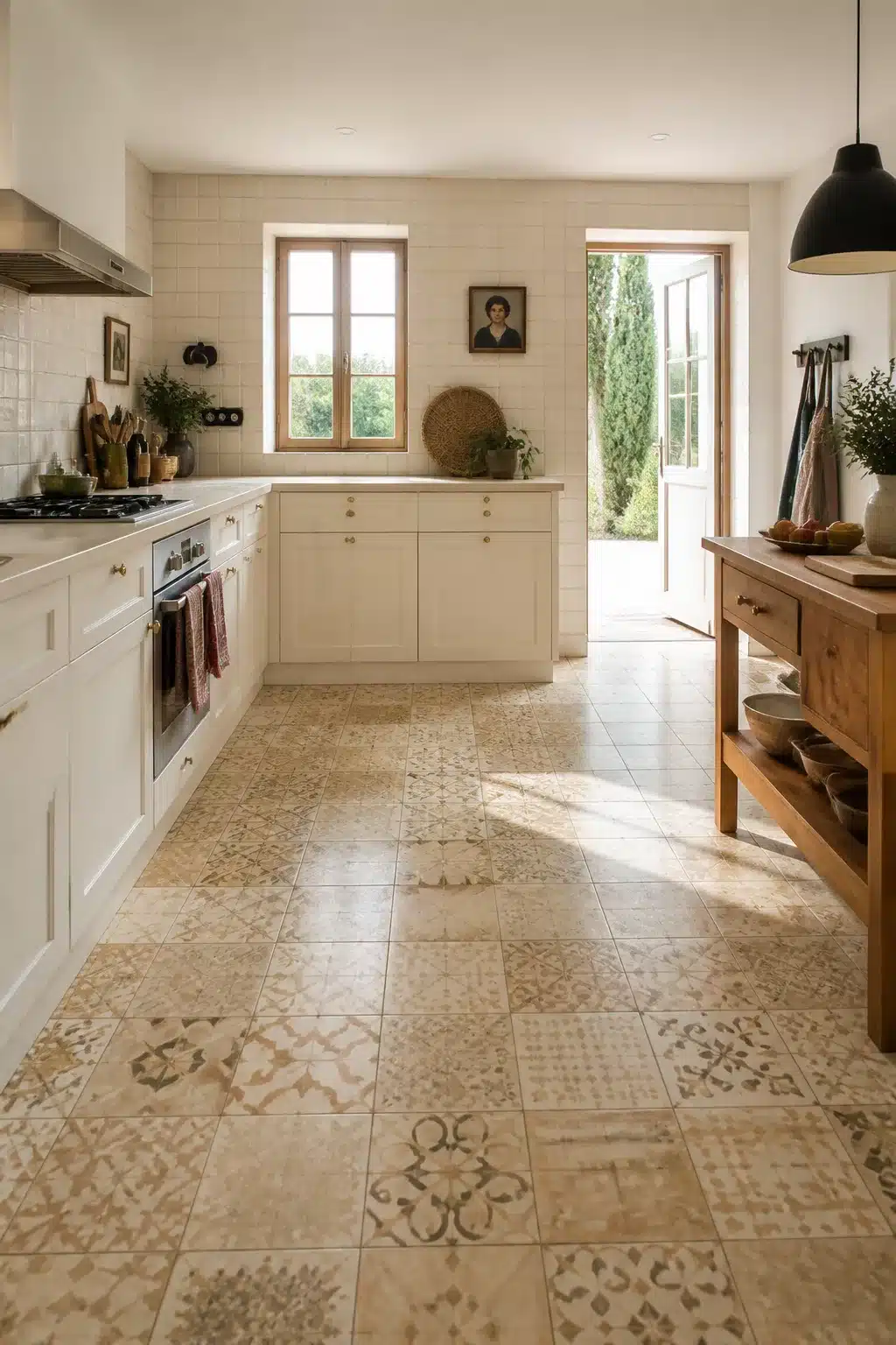 Cream kitchen with warm beige patchwork floor tiles, white shaker cabinets, and natural light from garden door