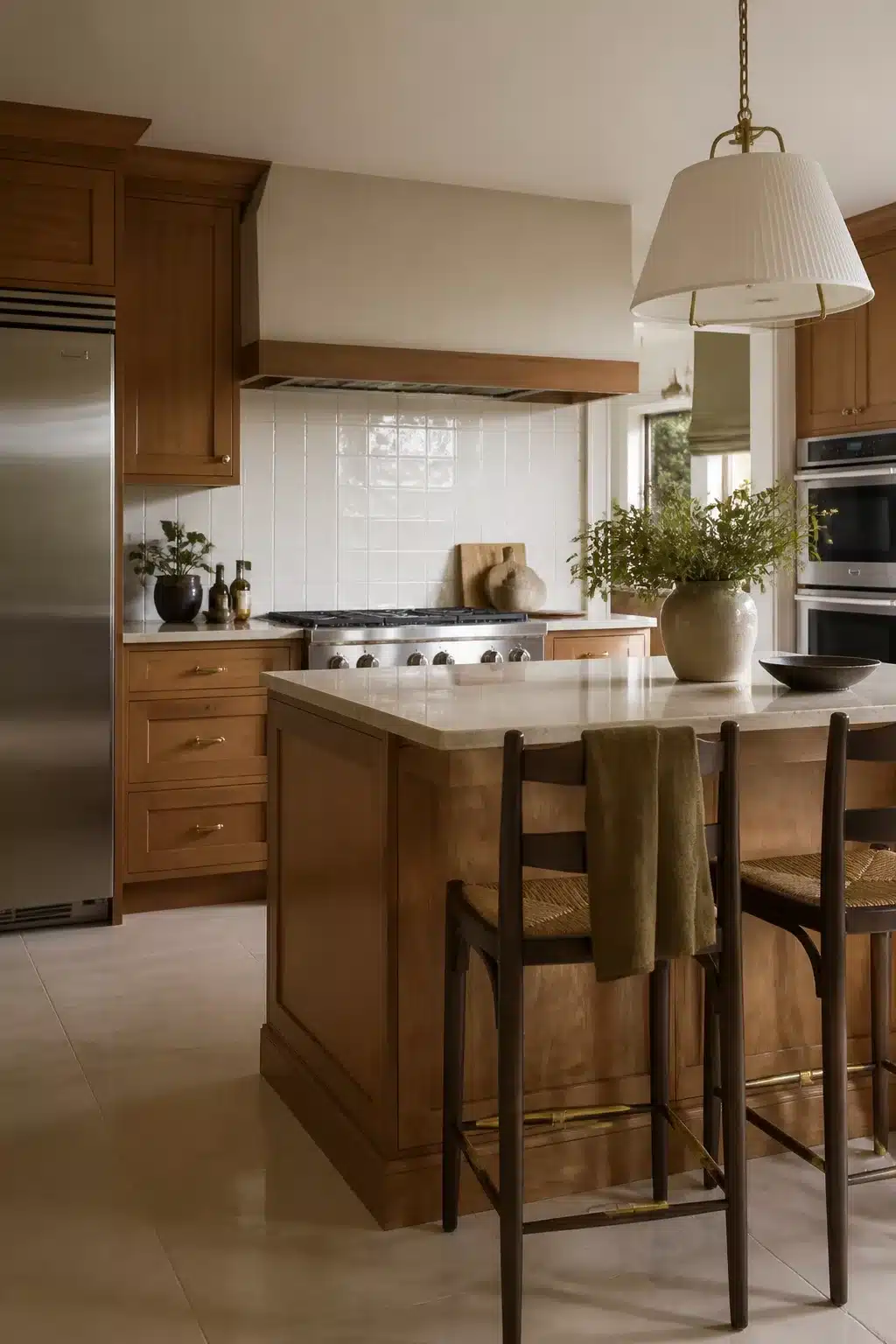 Cream glossy vertical kitchen tiles with warm walnut cabinetry and stone island — cream kitchen tiles inspiration